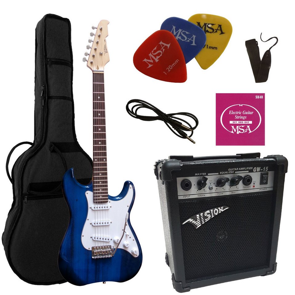 MSA E-Gitarre ST5, Elektrogitarre im Set, mit 20 Watt Verstärker, Tasche, Band,Saiten, 3xPik, Tremolo