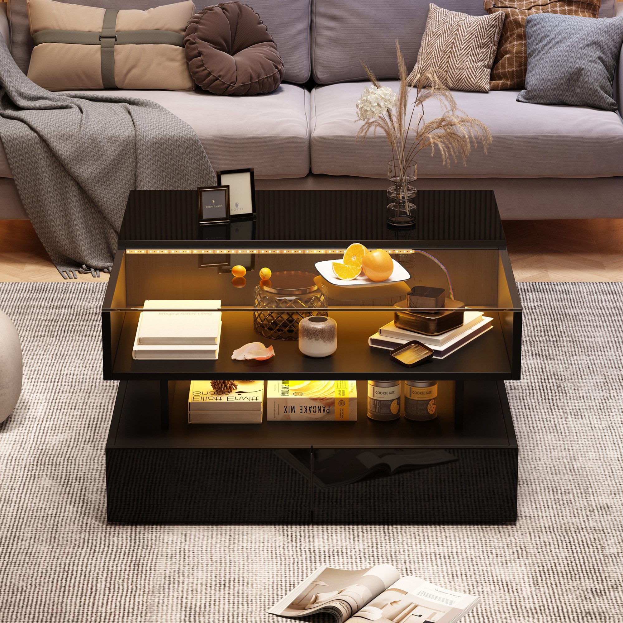 REDOM Couchtisch mit höhenverstellbarer Tischplatte (Wohnzimmertisch, Beistelltisch, 1-St., 80*80*45cm, Spanplatte+gehärtetes Glas), Hochglanz, Höhenverstellbarer Kaffeetisch
