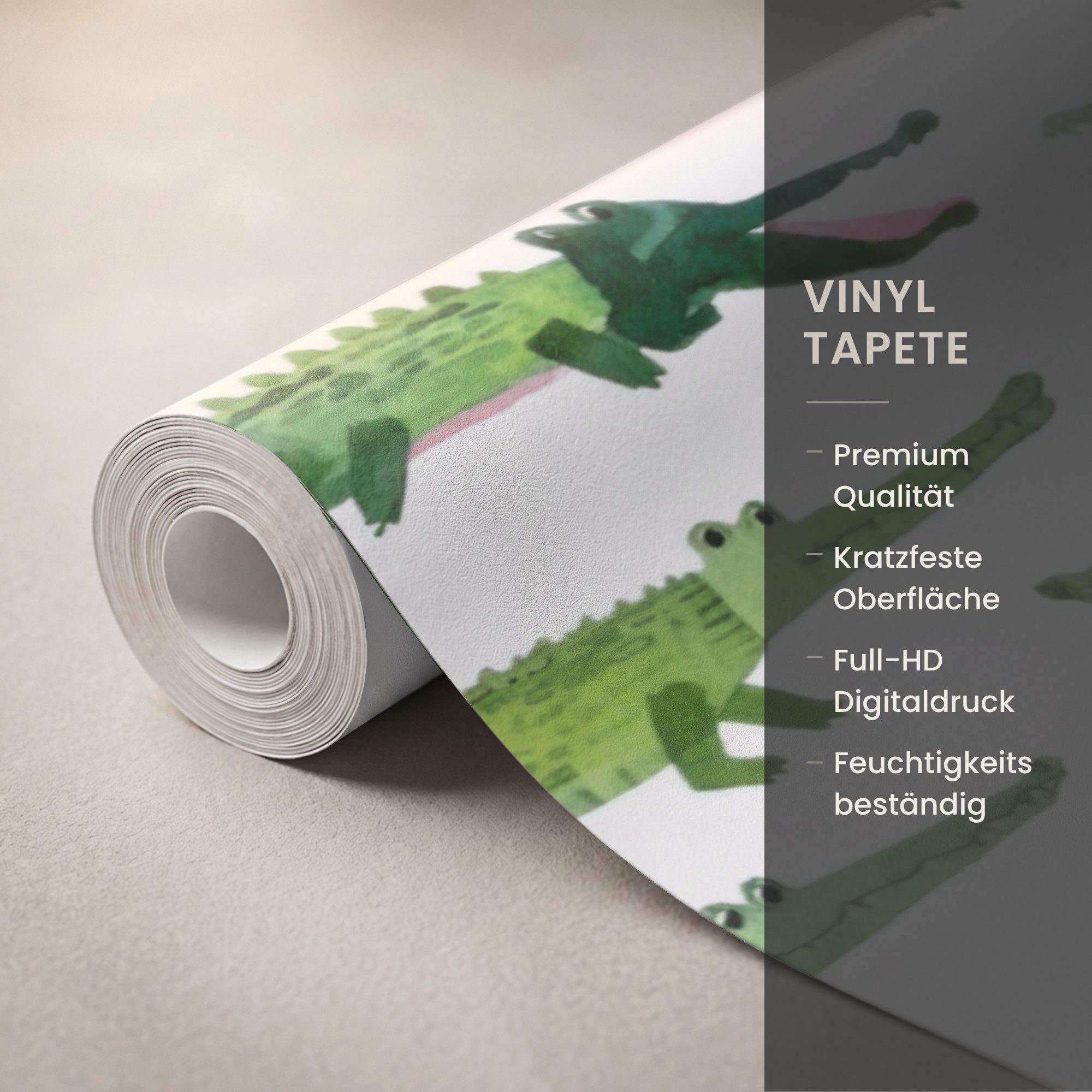 OnlyWow Fototapete Krokodil - Verspielt - Grün, Matt, bedruckt, Wandtapete, Modern, Vinyl Tapete 280x300cm