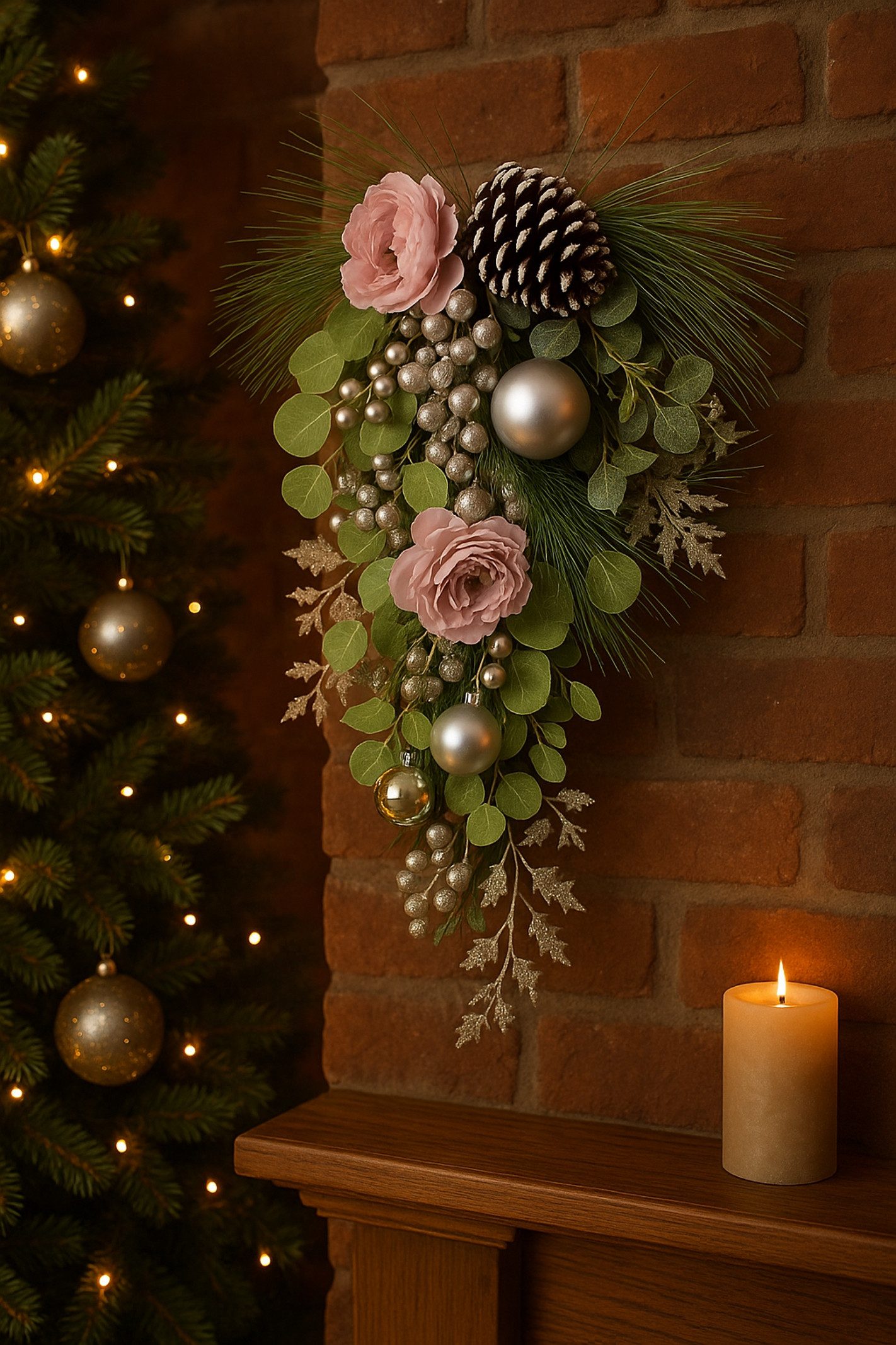 Kunstblume Wandhänger Päonie/Beeren, I.GE.A., Höhe 70 cm, Wanddeko Tanne, Eukalyptus, Zapfen, Weihnachtsdeko – Bild 3 von 3