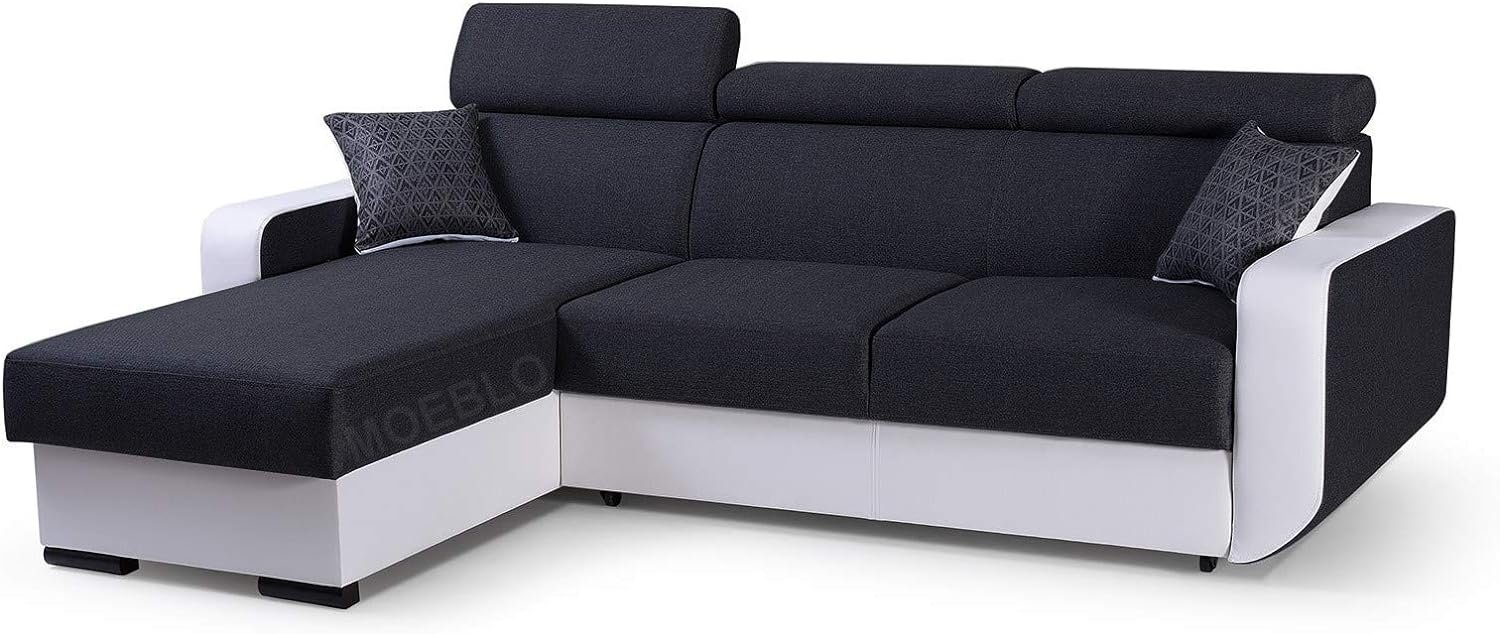 (INARI L-Form Ecksofa 120) Wohnlandschaft Bettkasten 100 + MOEBLO MADRYT mit 236x165x97 + Couch Schwarz mit Polsterecke Schlaffunktion, - Sofa Pedro, Weiß cm, Eckcouch