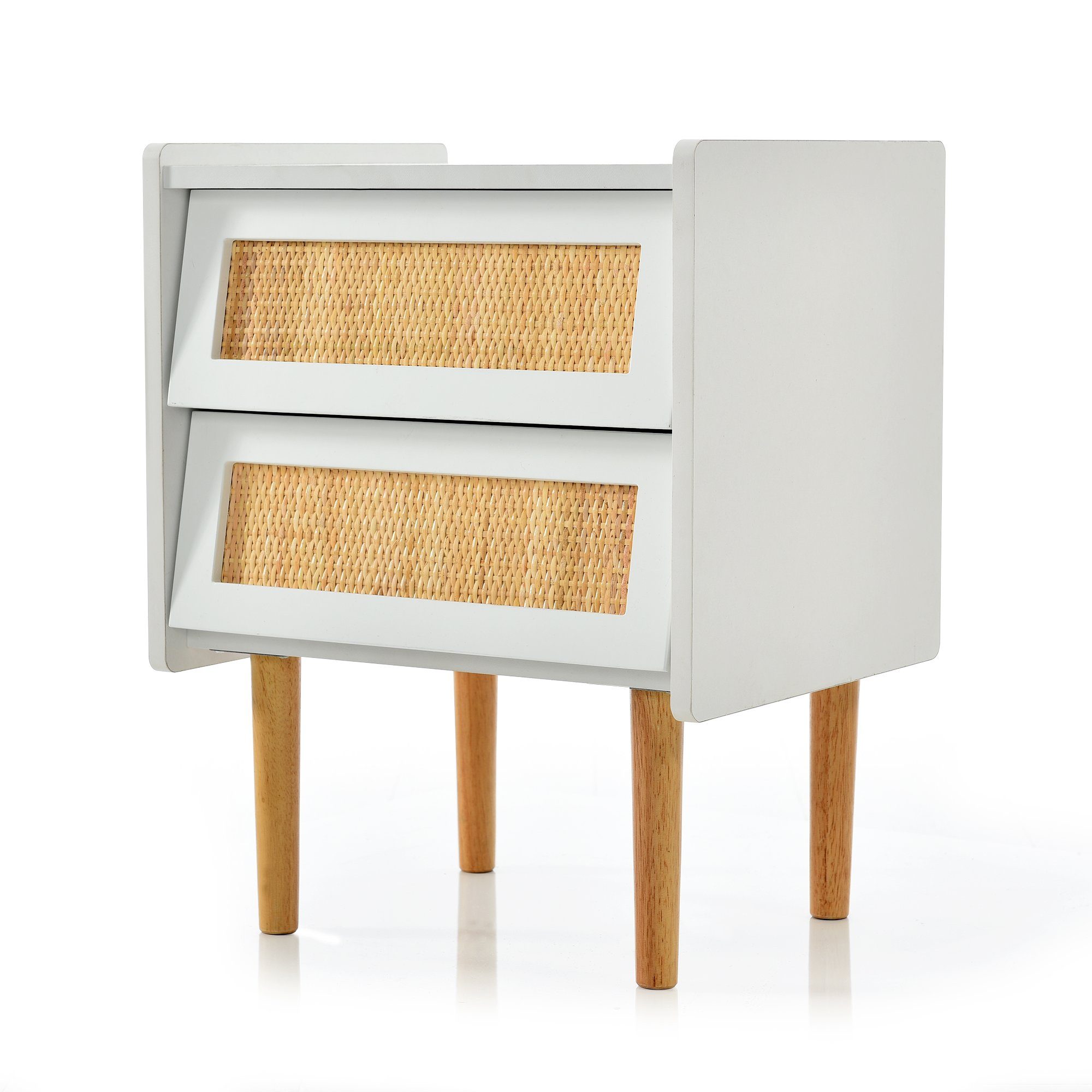 Nachttisch (1-St., Beistelltisch Nchtkommode), Nachtschrank mit 2 Schubladen, aus Rattan & Massivholz, 55x43.5x35 cm