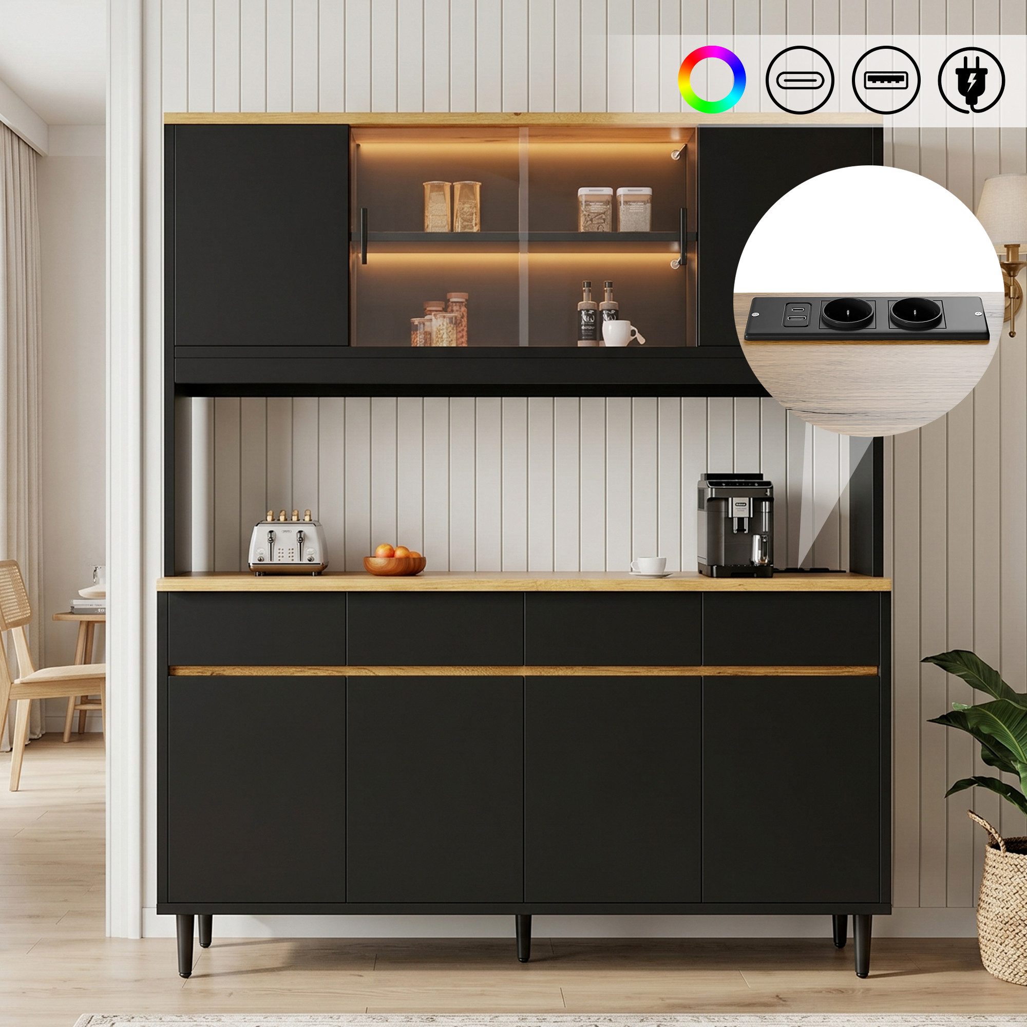 BlingBin Hochschrank 160x40x185 cm Buffetschränke Mit Farbigem Lichtstreifen, Küchenbuffet (1er Set, 1-St., Tragfähigkeit: 45kg, Integrierte Steckdose, USB-C- & USB-A-Anschlüsse) Küchenschrank mit Mehrstufigem Stauraum für Esszimmer, Schwarz+Eiche