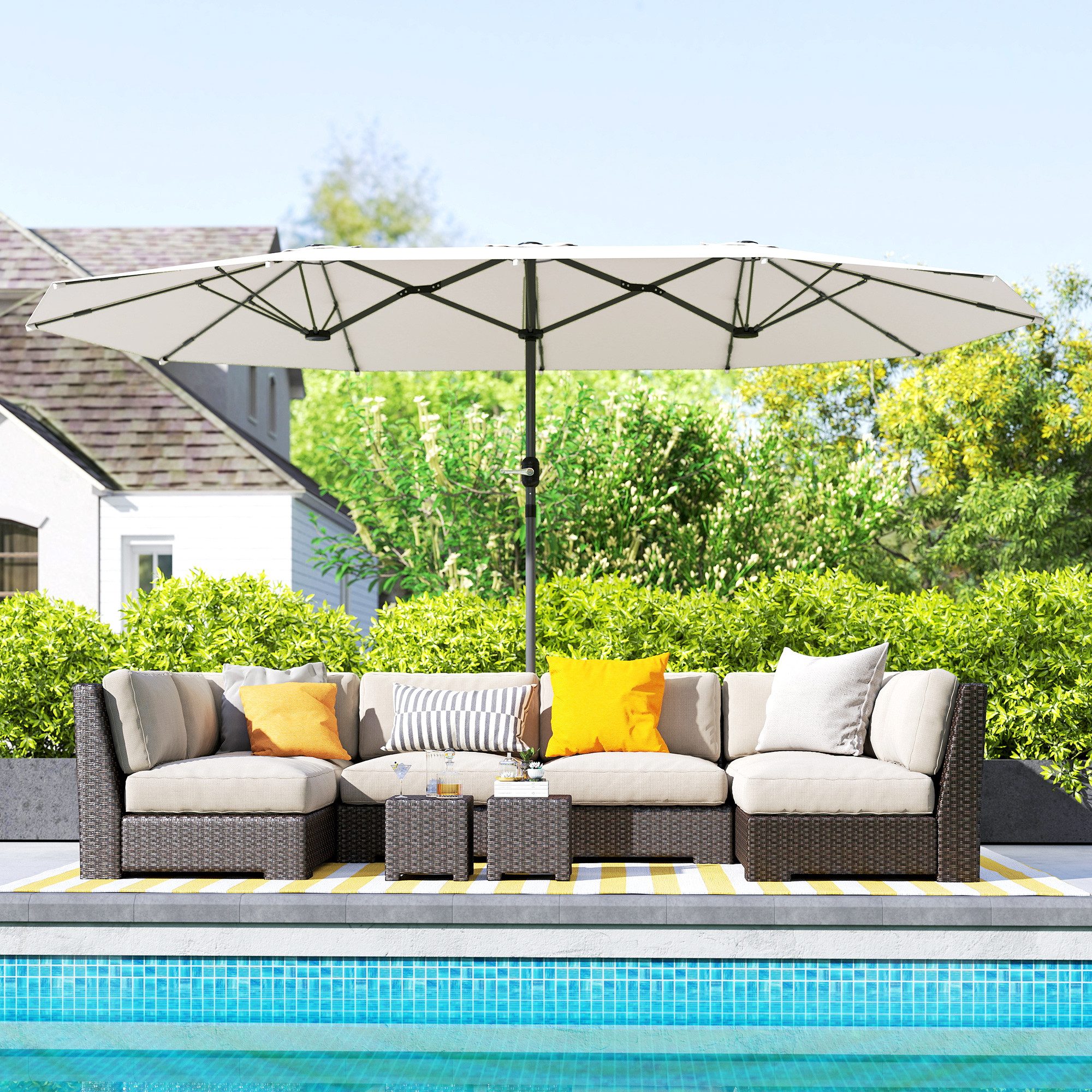 Outsunny Sonnenschirm 436 x 260 cm, UV Schutz, aus Stahl, mit Handkurbel, LxB: 436x260 cm, Doppelsonnenschirm, oval Balkonschirm, für Strand, Balkon, Garten, Beige