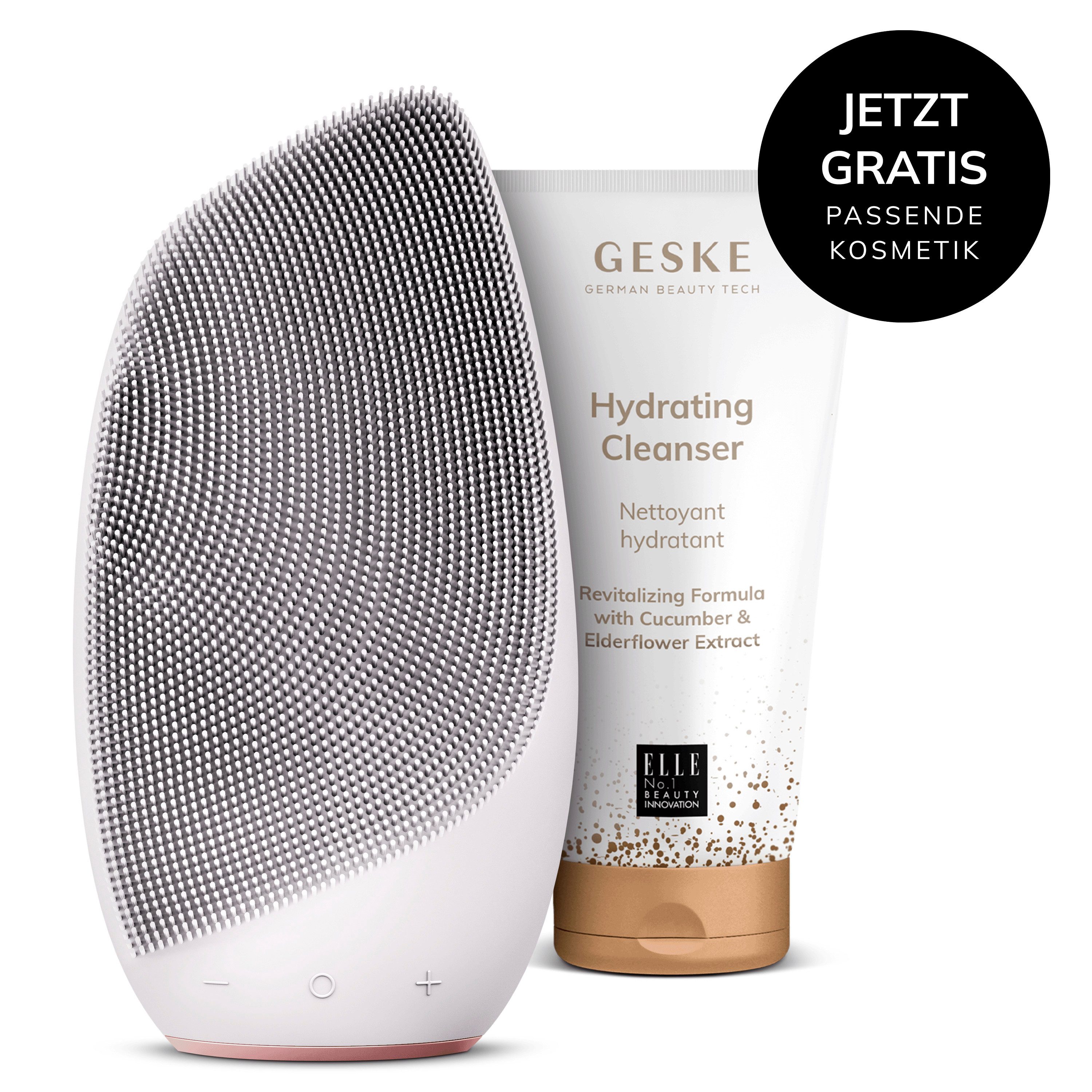 GESKE German Beauty Tech Elektrische Gesichtsreinigungsbürste Sonic Thermo Facial Brush 6in1 Farbe: Starlight + Gratis Kosmetik, Packung (Gerät & USB-Ladekabel), 2-tlg., Gerät inkl. kostenloser APP (SmartAppGuided Device), Anti-Aging Massage-, SmartSonic Pulsation- & Tiefen-Wärme-Technologie