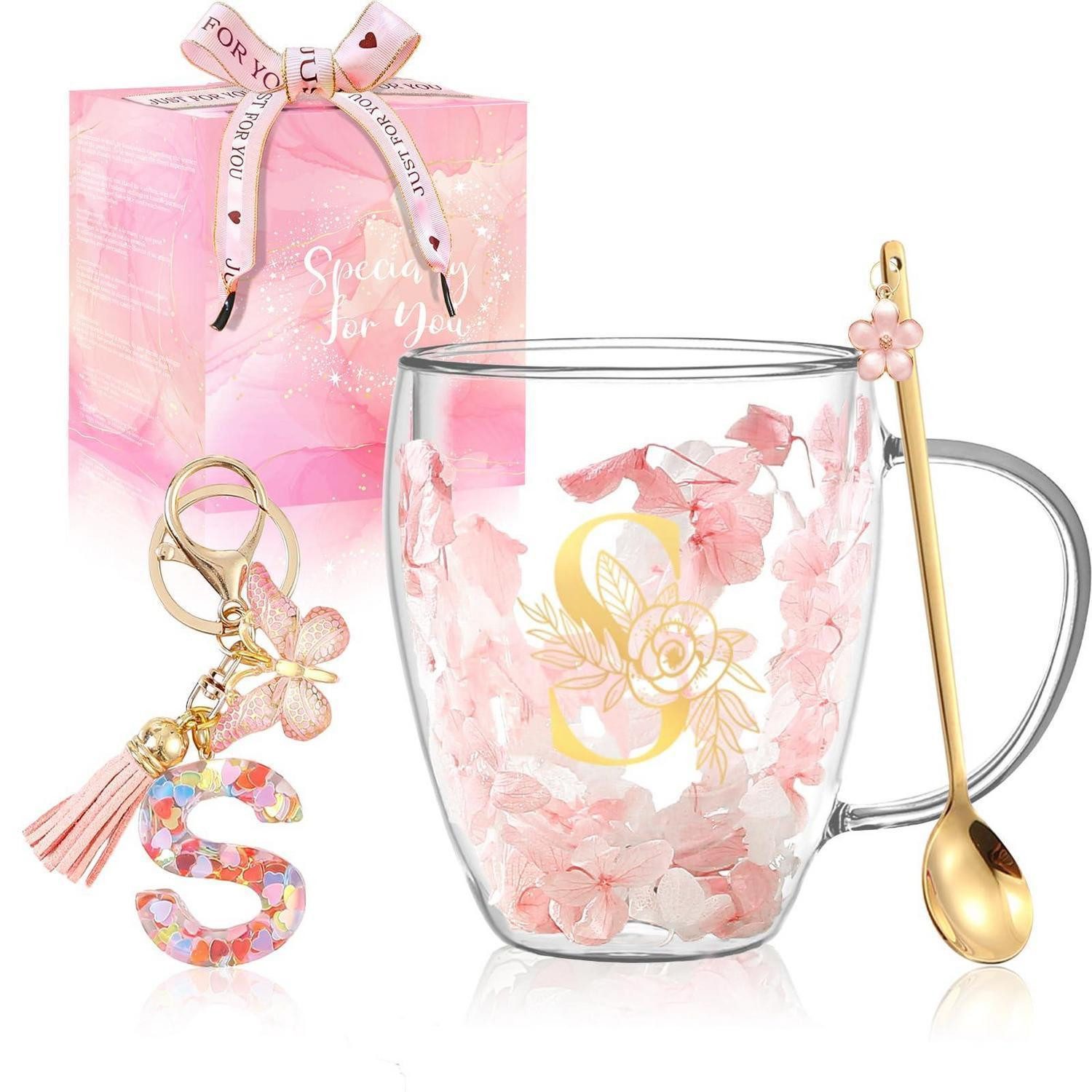 LuxusKollektion Latte-Macchiato-Glas Tasse mit Schriftzug & Schlüsselanhänger S, Glas