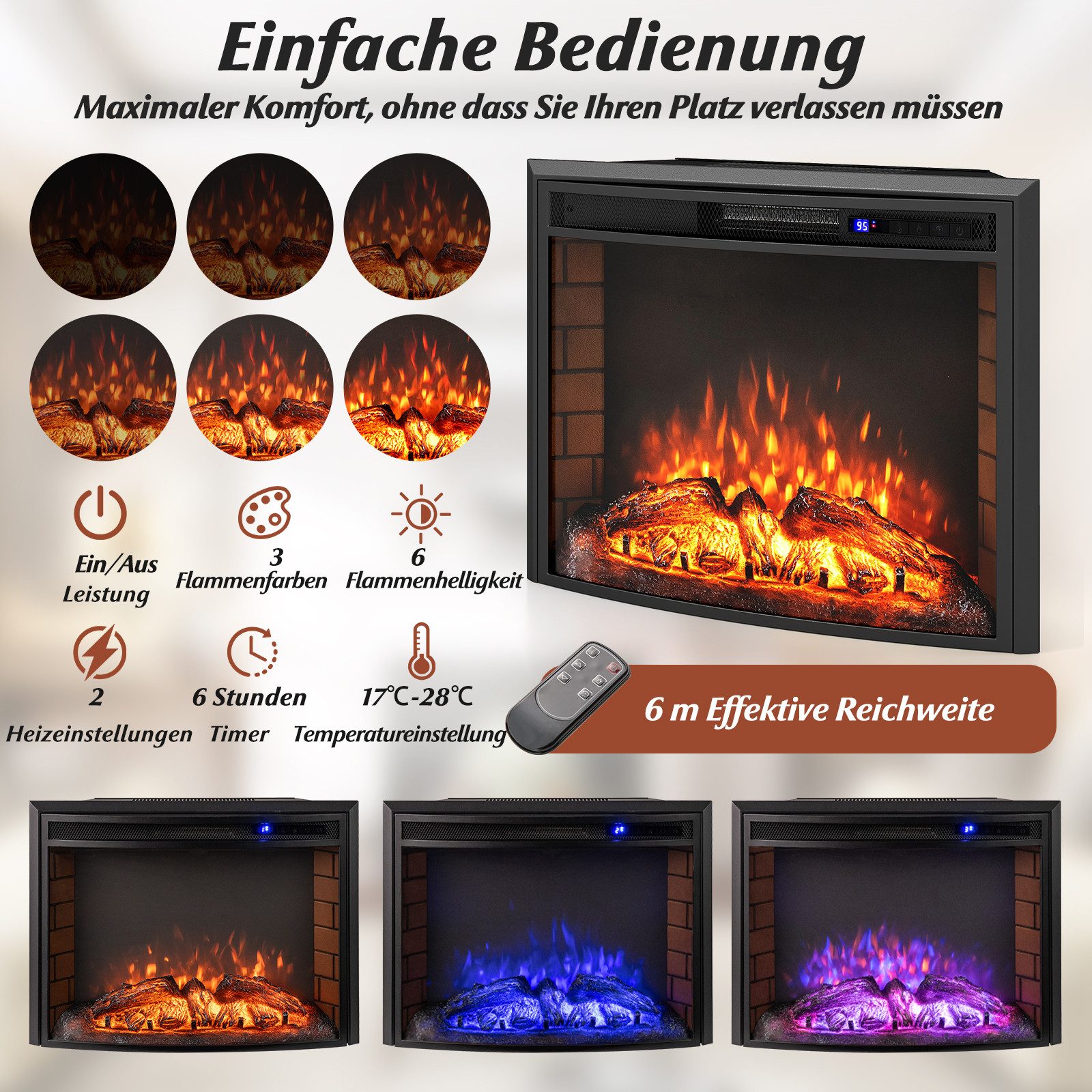 COSTWAY Elektrokamin, mit Heizung, 6H Timer, Flammeneffekt, 750W/1500W