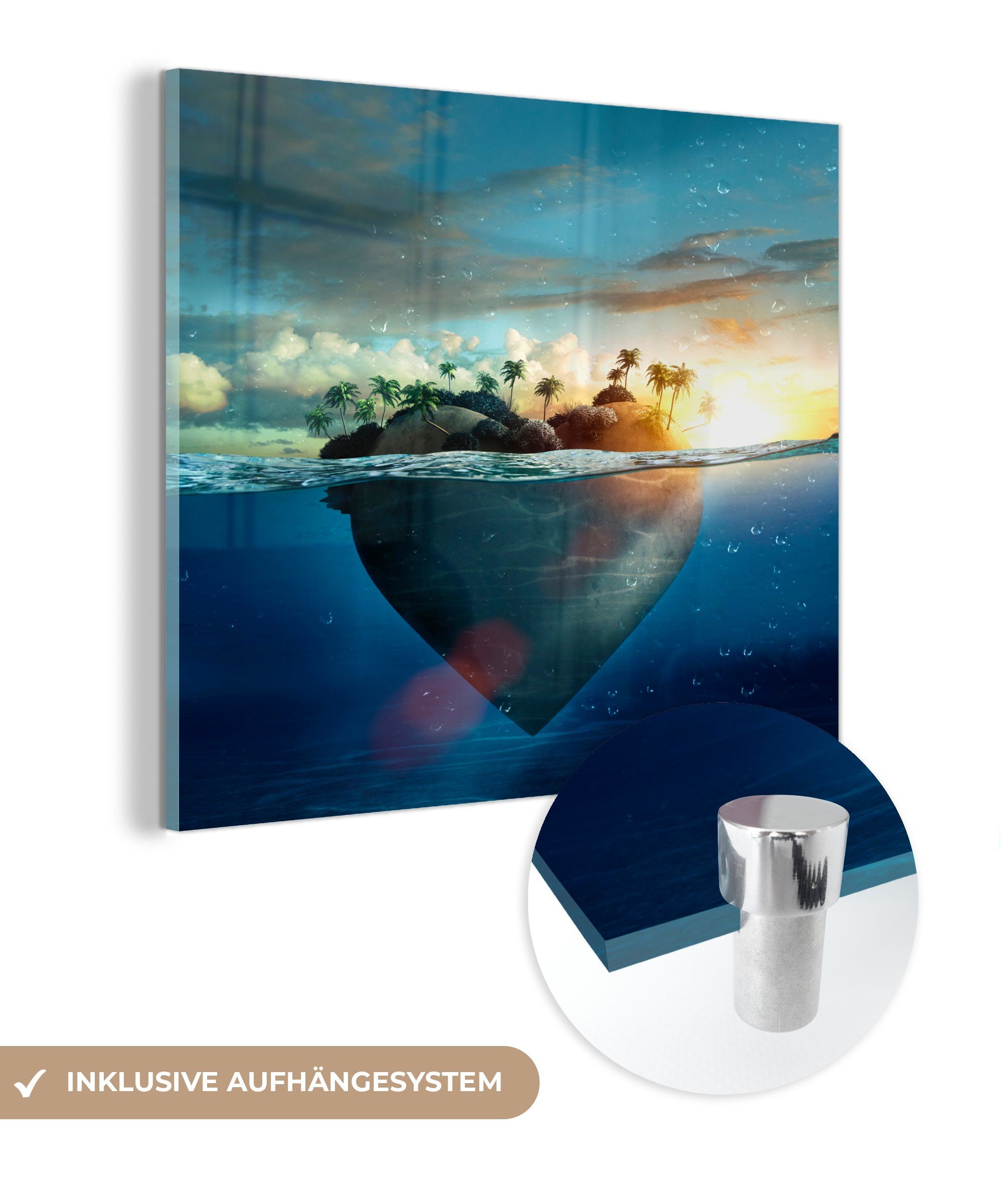 Acrylglasbild St), auf Herz, Wandbild MuchoWow Glas Wanddekoration - Foto - auf - (1 - Bilder - Glas Insel Meer Glasbilder