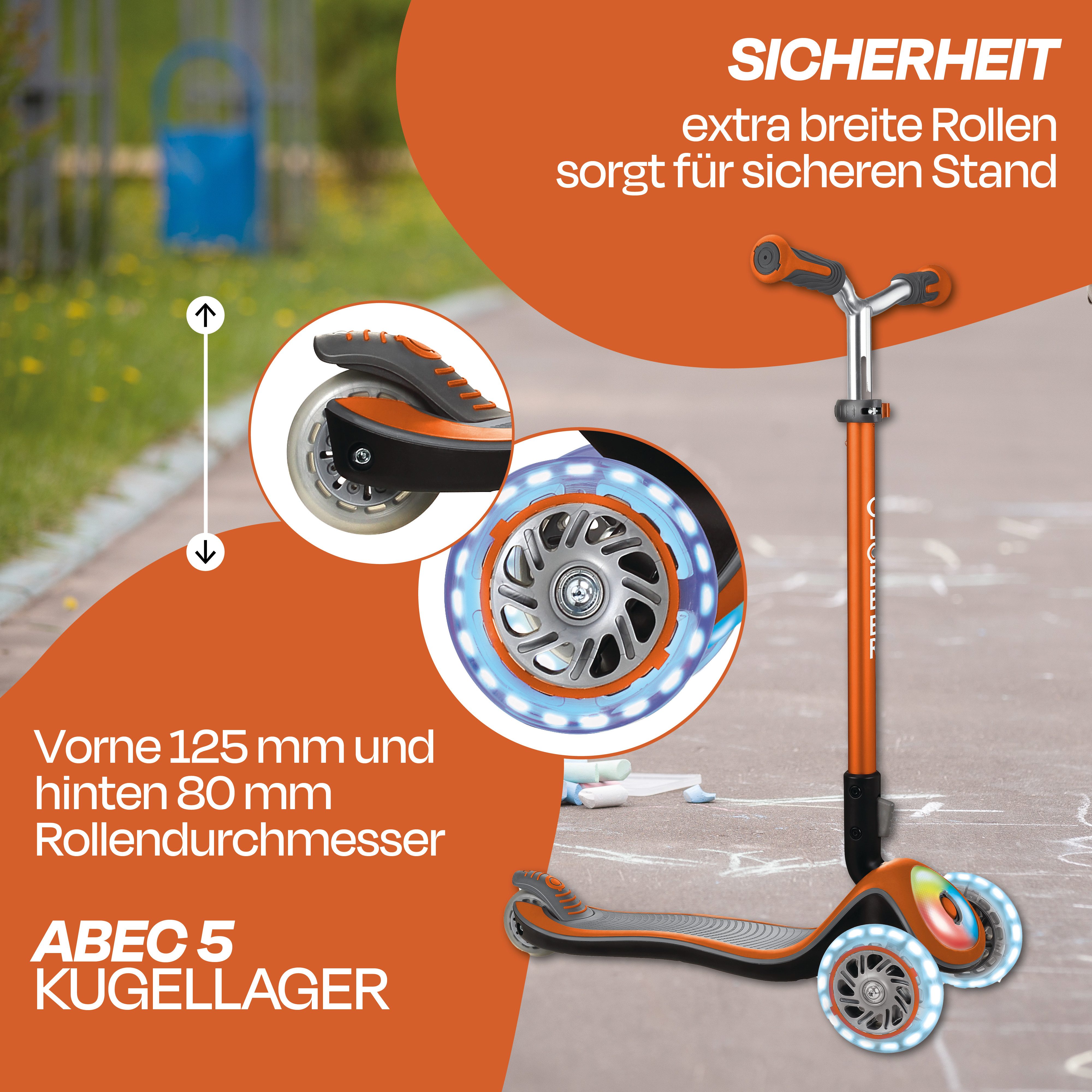 Globber Dreiradscooter Elite Prime – Tretroller 125/80 mm, ABEC 5, LED-Rollen, Leuchtdeck
