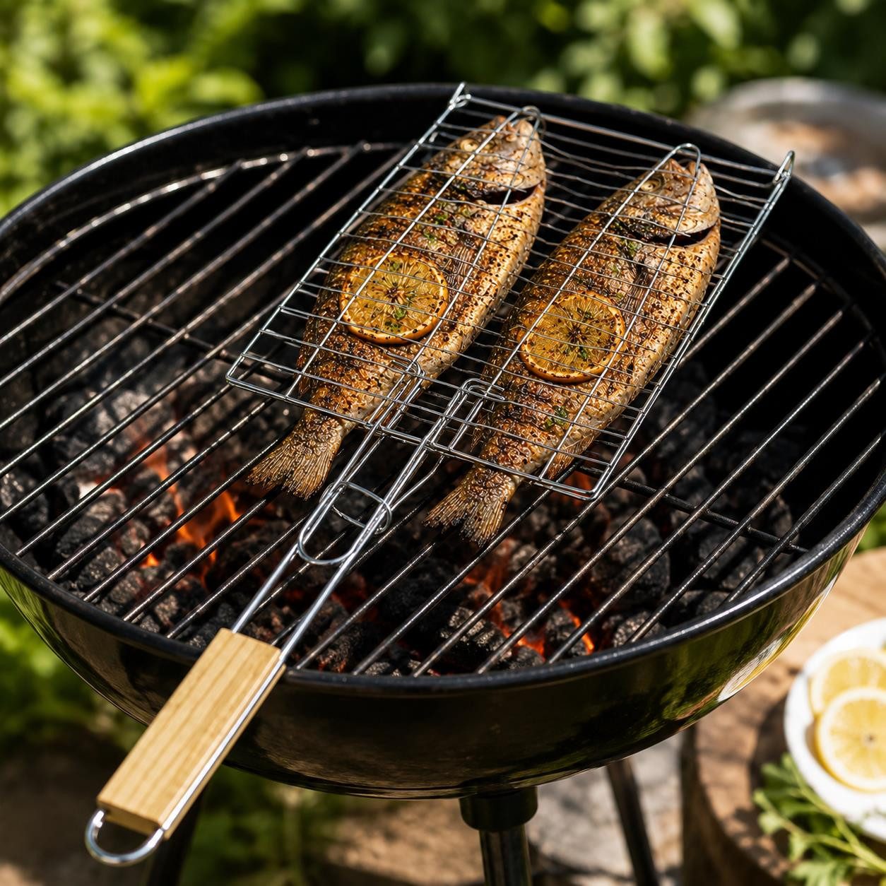 BAYLI Grillspieß Fischbräter 2er Set mit Holzgriff 23,5 x 23,5 cm – Fischkorb Grillkorb – Bild 3 von 5