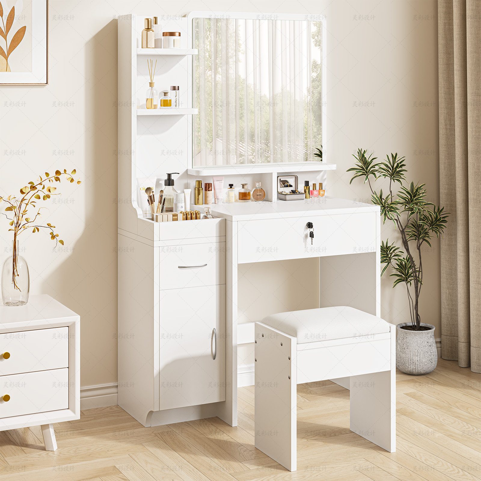 Dripex Schminktisch mit Spiegel, Hocker und Schubladen, Weiß, 87 x 38,3 x 1 günstig online kaufen