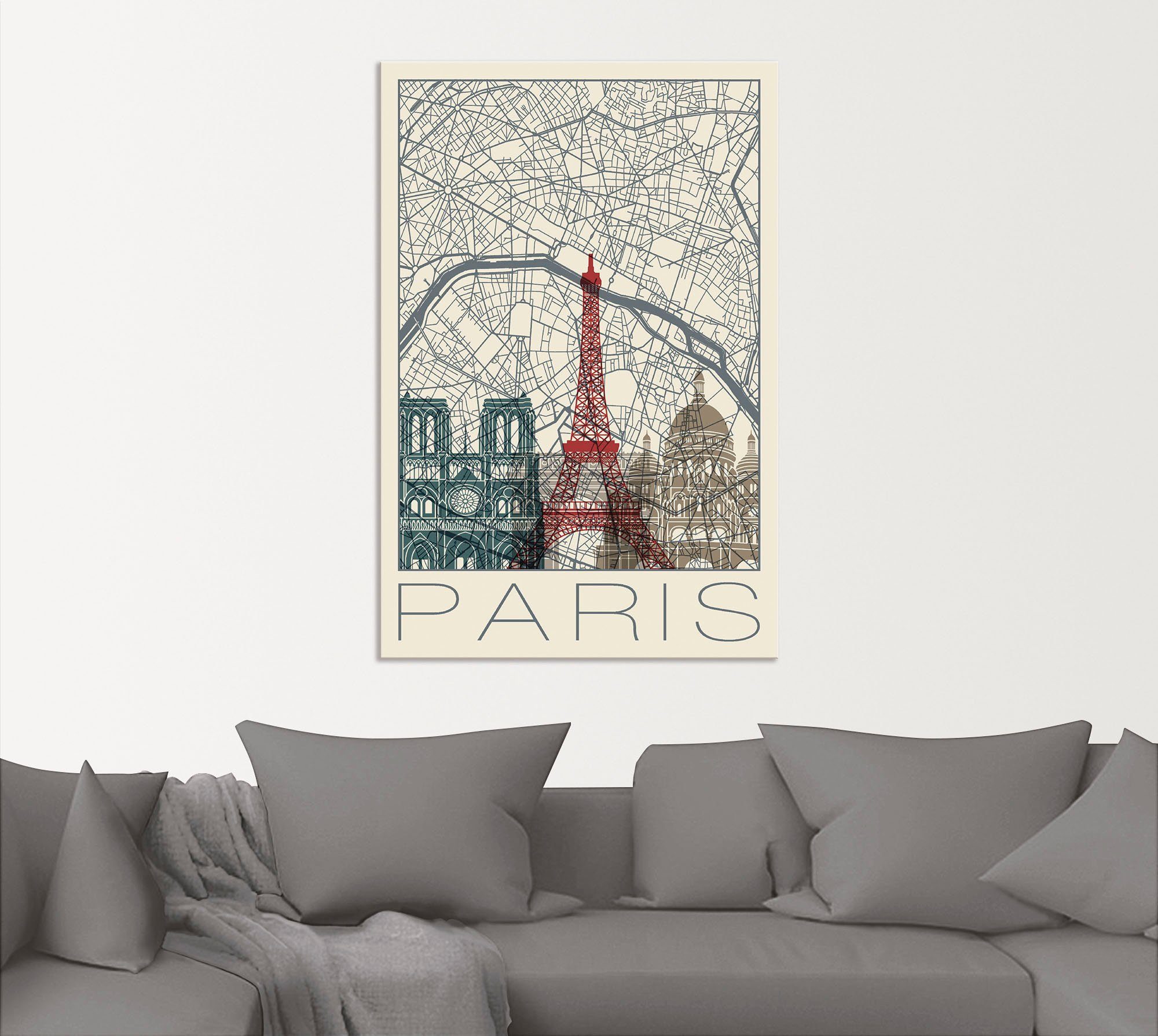 Wandbild Frankreich in Wandaufkleber und als Leinwandbild, Größen versch. Skyline, Retro Frankreich Alubild, oder Artland Karte St), (1 Poster Paris