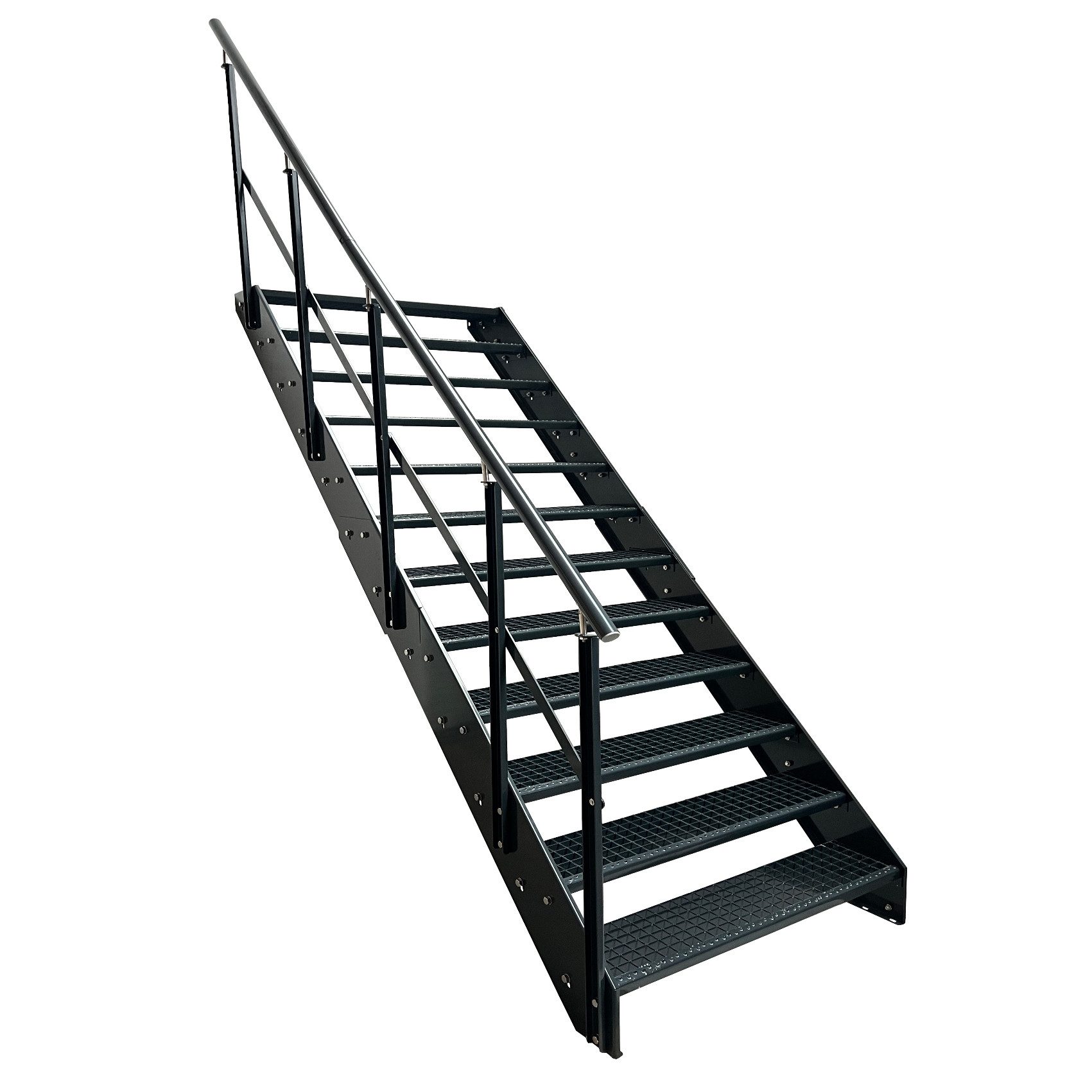 Kaminbau Mierzwa Außentreppe Stahltreppe 12 Stufen Anthrazit mit und ohne Geländer Höhe 228 cm, für Geschosshöhen bis 228 cm, Stufen Gitterroststufen nach DIN 24531, (Stufenbreite und Geländerart wählbar), Aus Premium Materialien hergestellt