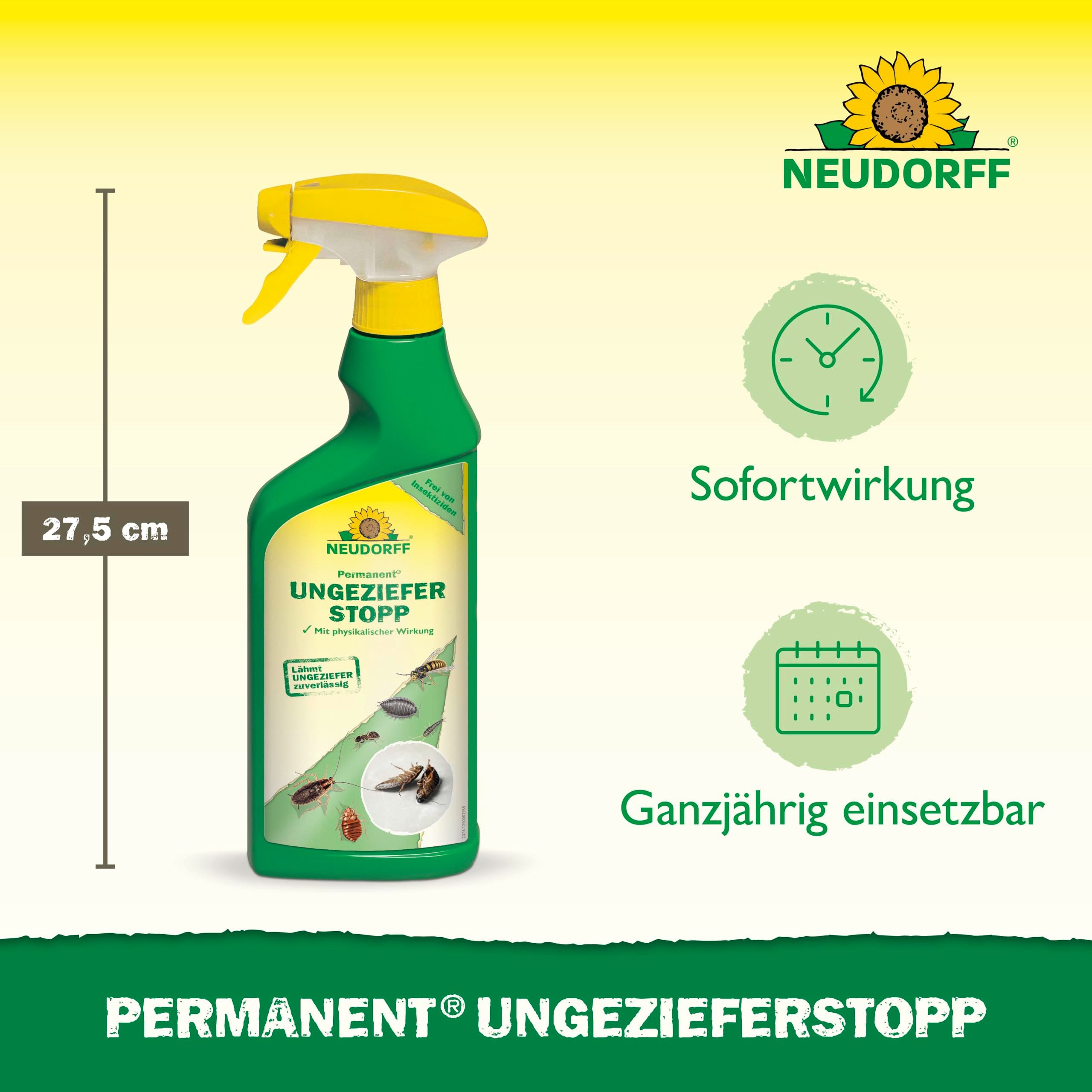 Neudorff Insektenspray Permanent UngezieferStopp 500 ml - lähmt Ungeziefer bei Kontakt, 0.5 l, Anwendungsfertiges Ungezieferspray mit zuverlässiger Sofortwirkung gegen kriechende und fliegende Insekten, Gebrauchsfertiges Kontaktspray gegen kriechende & fliegende Schädlinge, Insektizidfreies Kontaktspray mit physikalischer Wirkweise