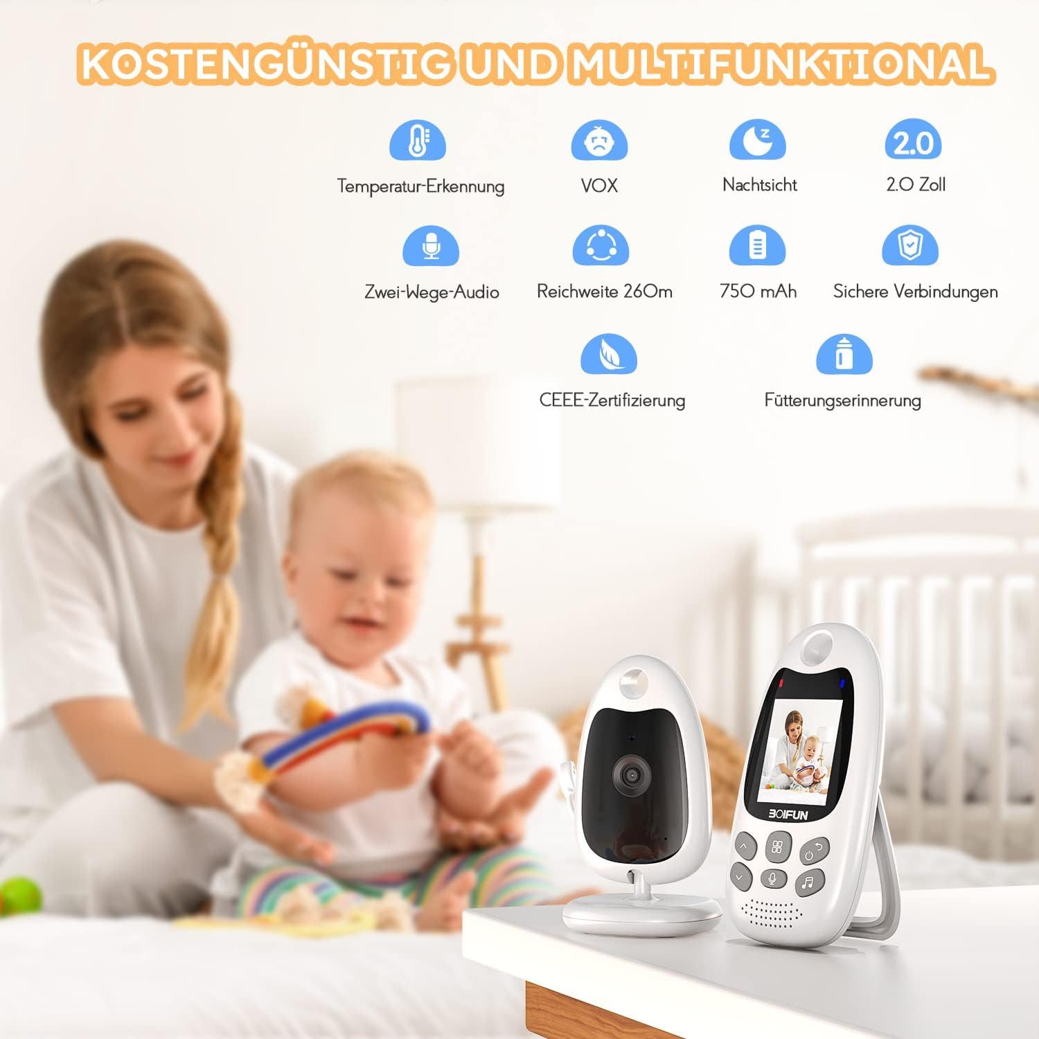 Boifun Babyphone 2'' Babyphone mit Kamera Babyfon mit Kamera und Audio mit Halterung, Video Baby Monitor Kamera und Audio Babyphone mit VOX Funktion, Temperatursensor Gegensprechanlage Schlaflieder Lange Akkulaufzeit, Infrarot-Nachtsicht,Tragbar und viele Funktionen