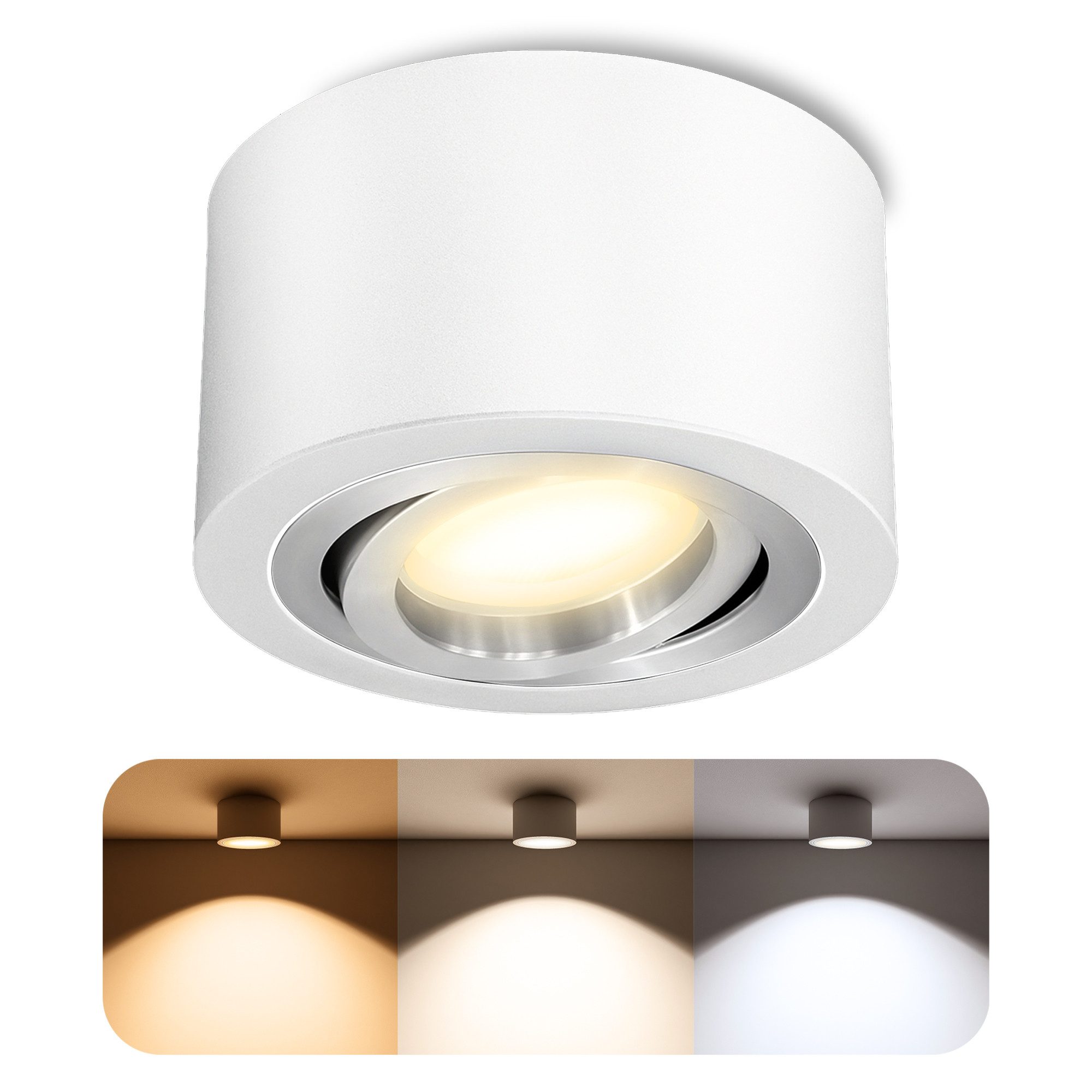 SSC-LUXon LED Aufbaustrahler LANTI Deckenspot weiß silber 6W dimmbar 3CCT, Warmweiß bis Tageslicht