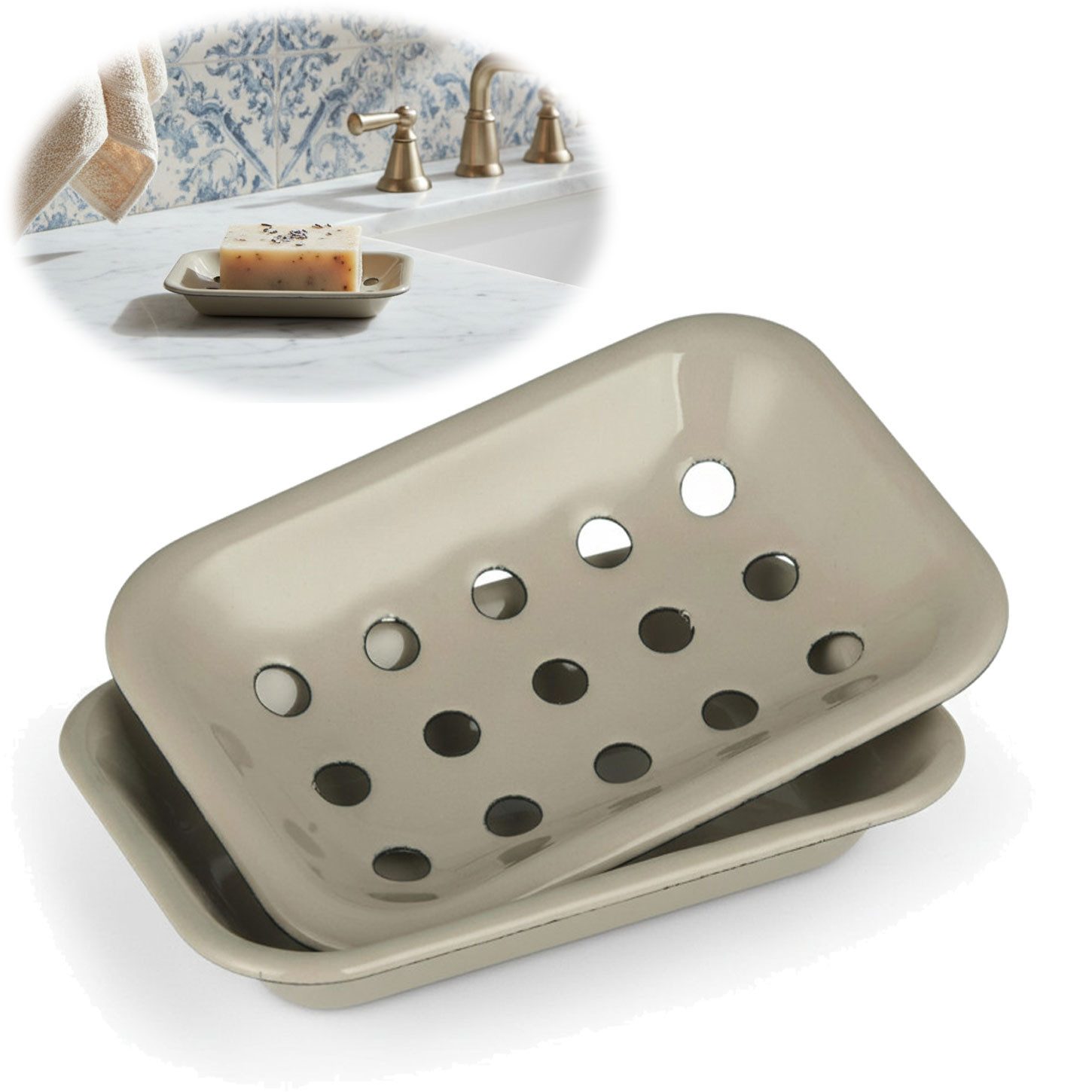 LS-LebenStil Seifenschale IB Laursen Emaille 2-tlg Beige 15cm mit Ablauf Altum Seifablage, Breite: 15.50 cm, zum Stellen mit Ablauf Auffangschale Seifenhalter, 2-St., Seifenablage Seifenteller Seifenigel in Küche, Bad/Badezimmer, gelochte Seifenschale