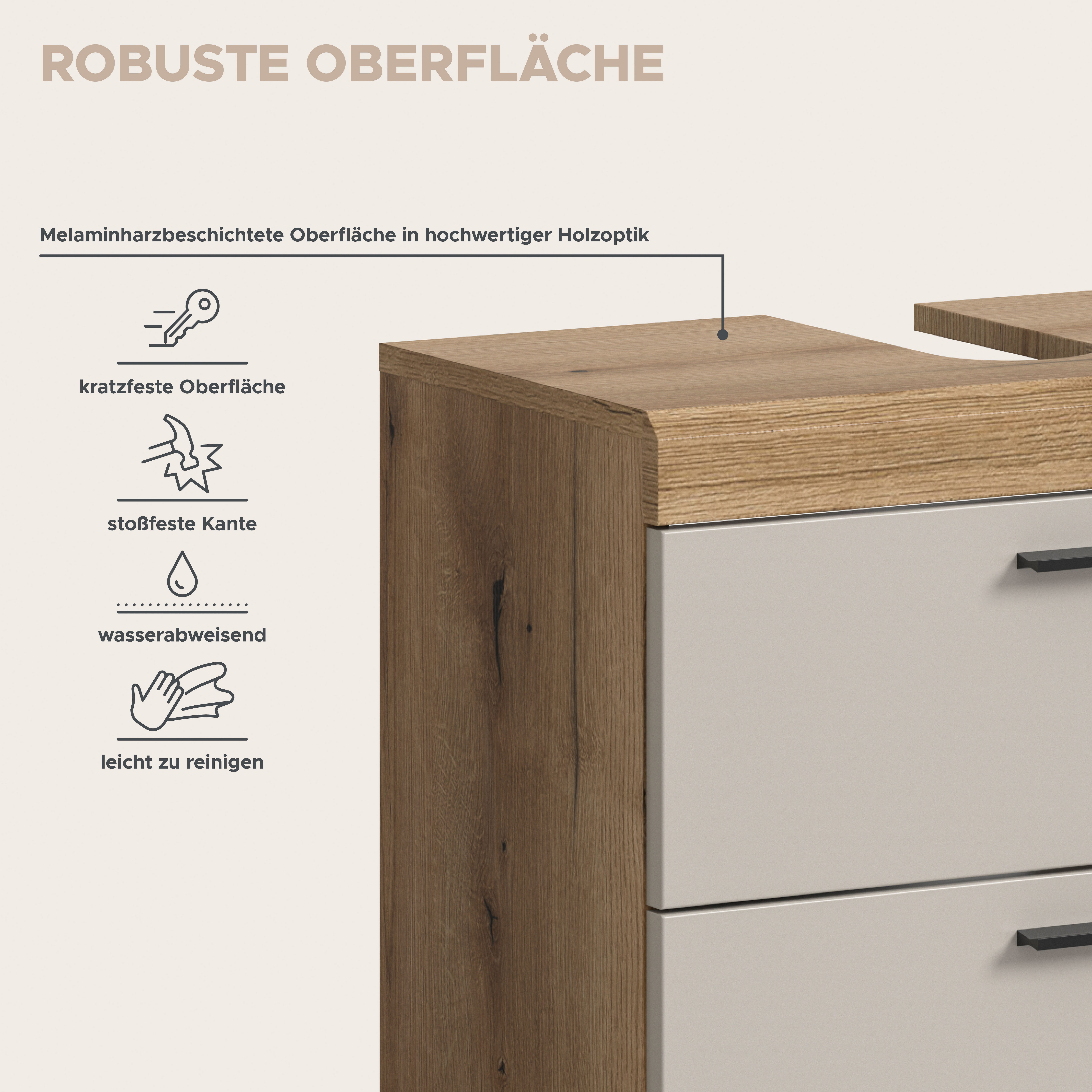 welltime Waschbeckenunterschrank SIENA, Breite 60cm, mit 2 Türen oder 2 Schubkästen, MDF-Front (1-St., TOPSELLER!, mit Siphonausschnitt 10x25 cm) in verschieden – Bild 4 von 5