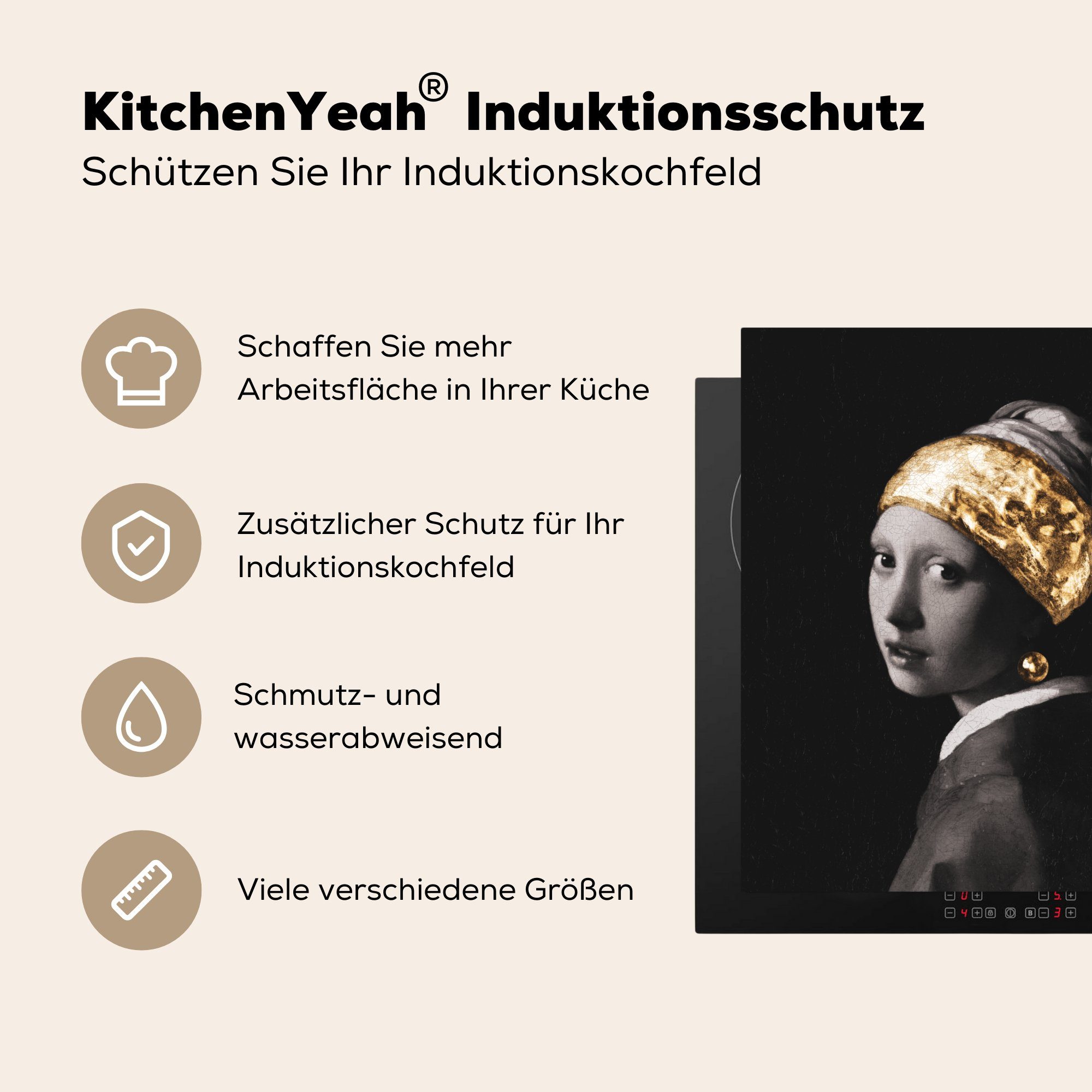 cm, Vermeer tlg), - (1 Das 78x78 küche dem - Gold, Perlenohrring mit für Herdblende-/Abdeckplatte Arbeitsplatte Ceranfeldabdeckung, Mädchen MuchoWow Vinyl,