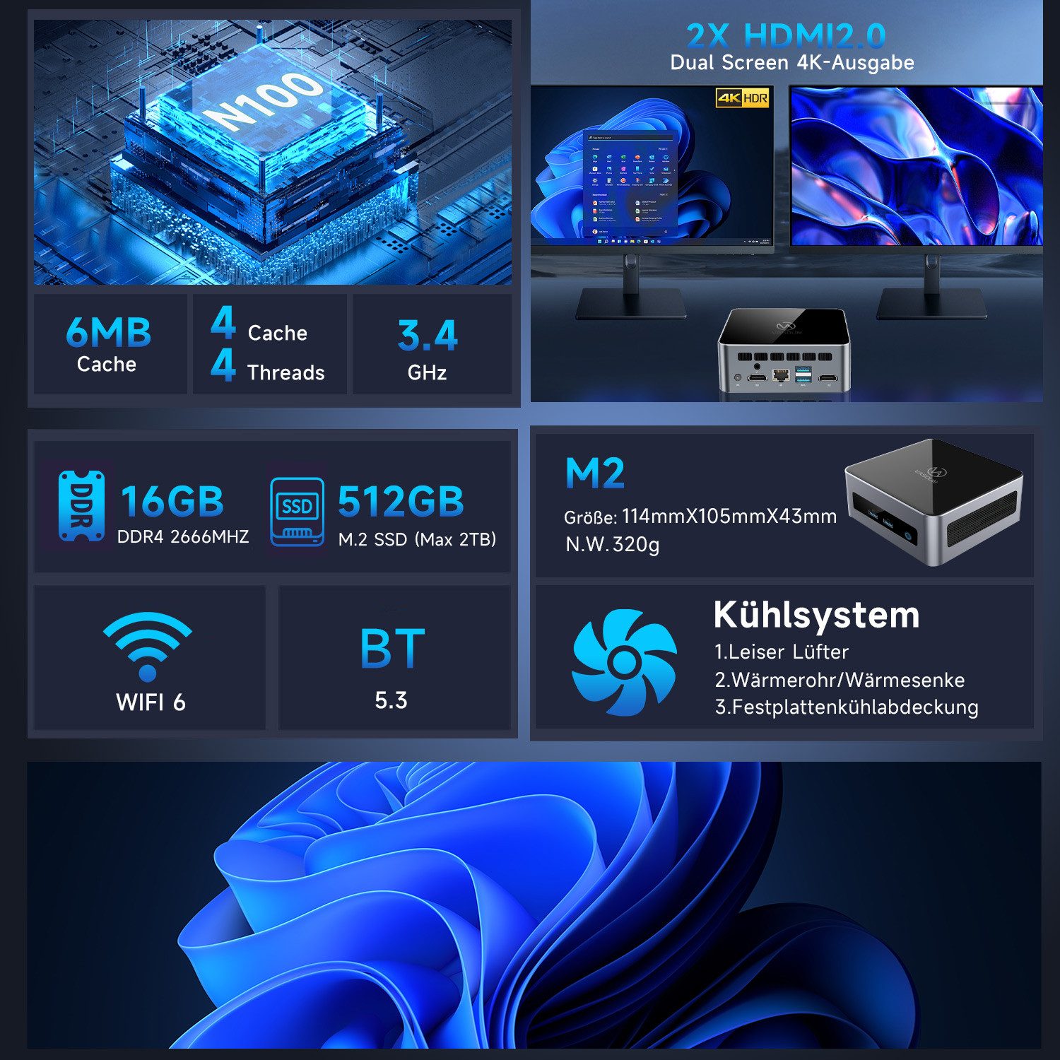 VASOUN Mini-PC mit Intel Alder Lake, 16 GB RAM, 512 GB SSD, WiFi 6, Dual 4K Mini-PC (Intel, Intel HD Graphics, 16 GB RAM, Lüfter und Kühlkörper, Schwarz)