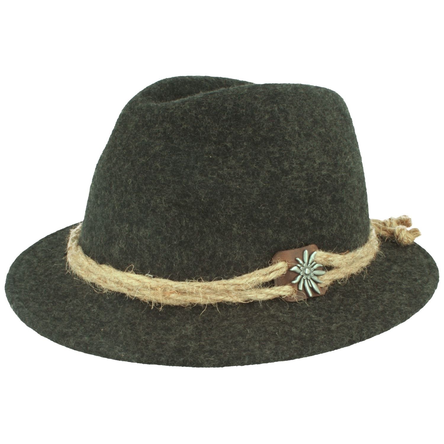 Breiter Filzhut mit Edelweiß und grober Kordel