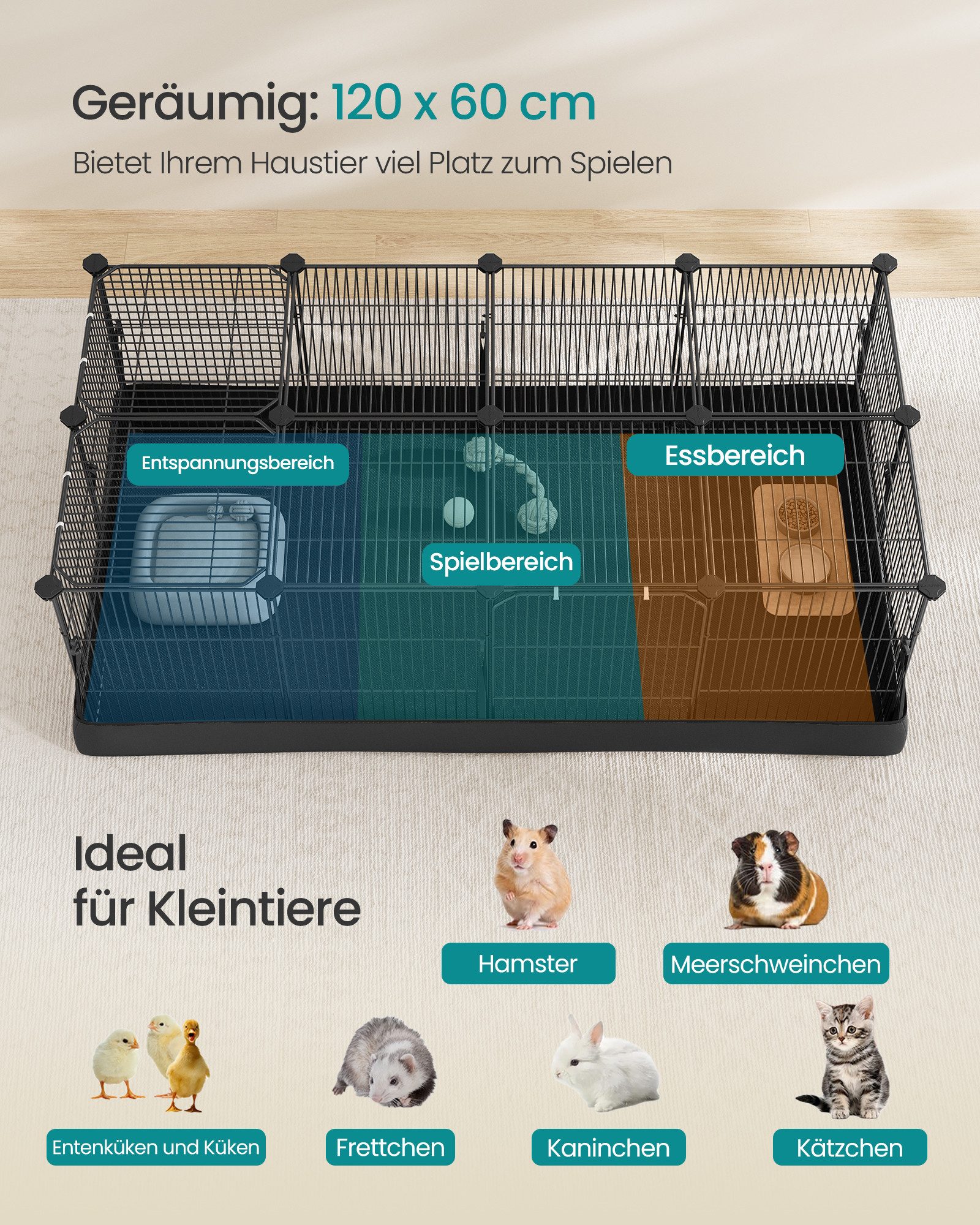SONGMICS Kleintierkäfig, Doppeltür, Kleintiergehege, Freilaufgehege, Unterlage, 20 Platten