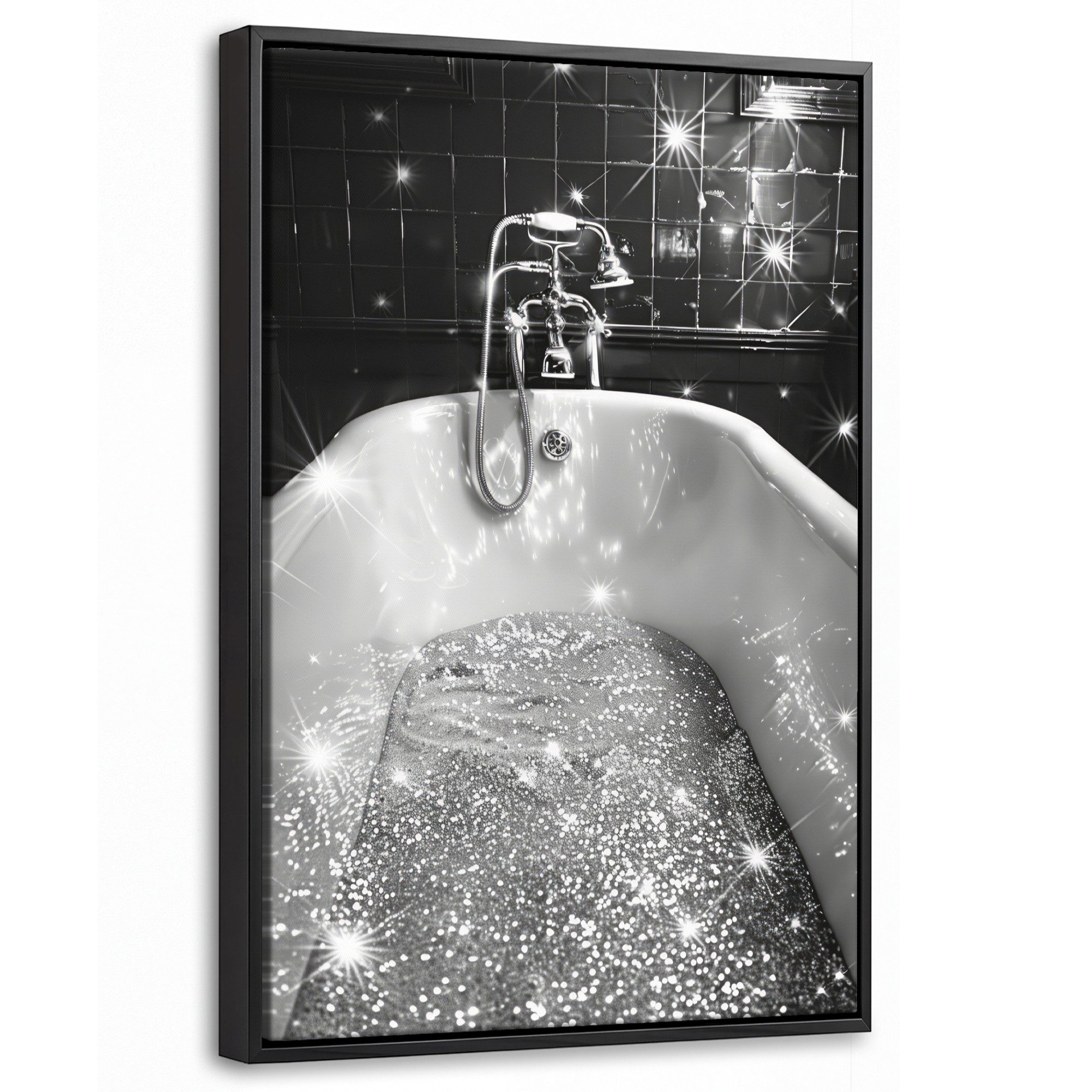 OneMillionCanvasses® Leinwandbild mit Rahmen - Badewanne - Glitter - Schwarz und Weiß - Badezimmer, Fotodruck (1 St), Deko für Wohnzimmer Schlafzimmer Küche 20x30cm