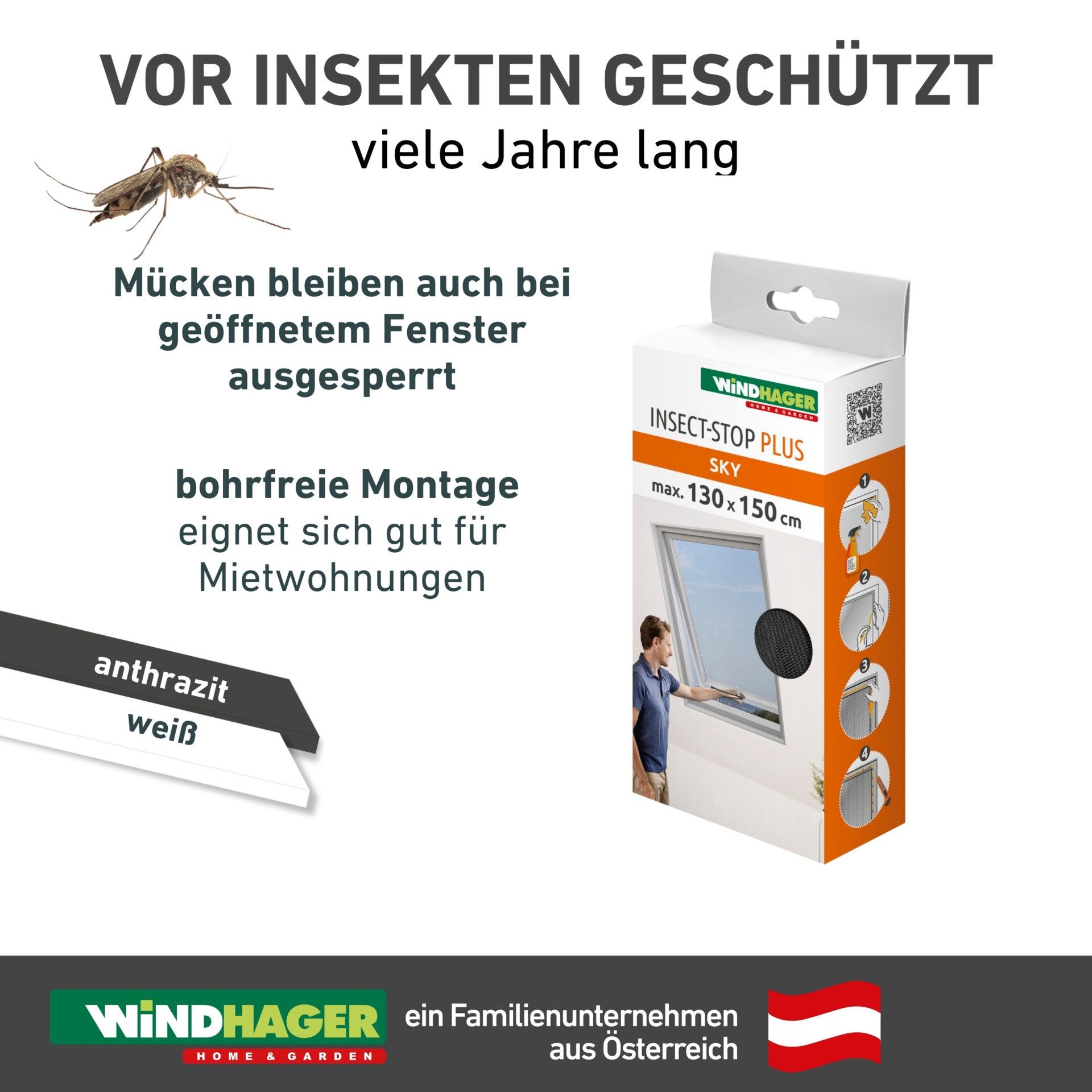Windhager Moskitonetz für Dachfenster mit Reißverschluss, Insektenschutz ohne bohren (1 St), Insektenschutzgitter 130 x 150 cm, erhältlich in anthrazit oder weiß