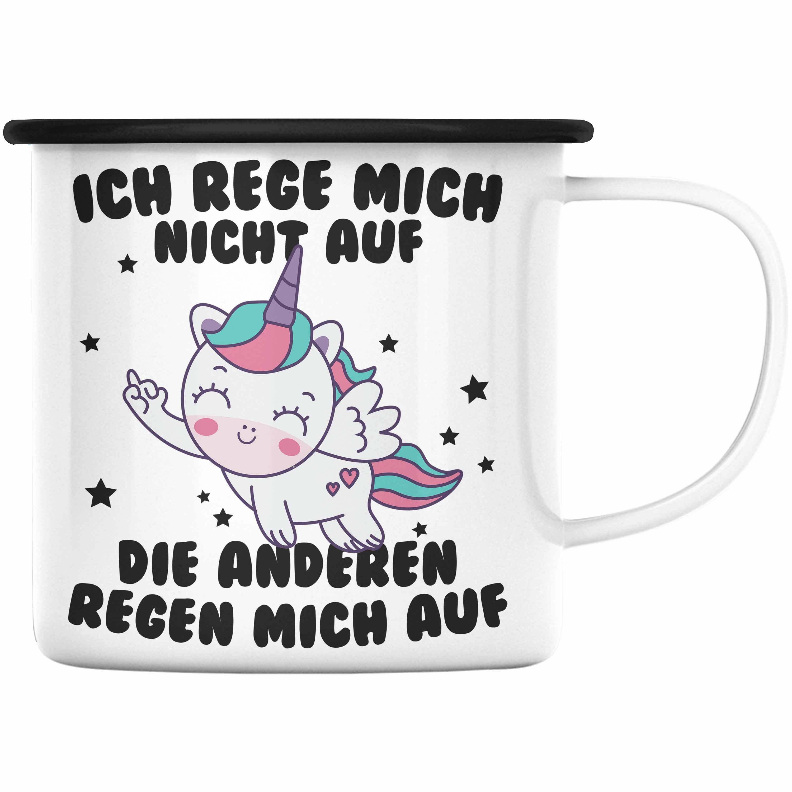 Trendation Thermotasse Trendation - Emaille Tasse mit Spruch, Lustige Emaille Tasse mit Sprüchen - Ich Rege Mich Nicht Auf - KaffeeEmaille Tasse Geschenk Arbeitskollege Geschenkidee Frauen Einhorn Moti Schwarz