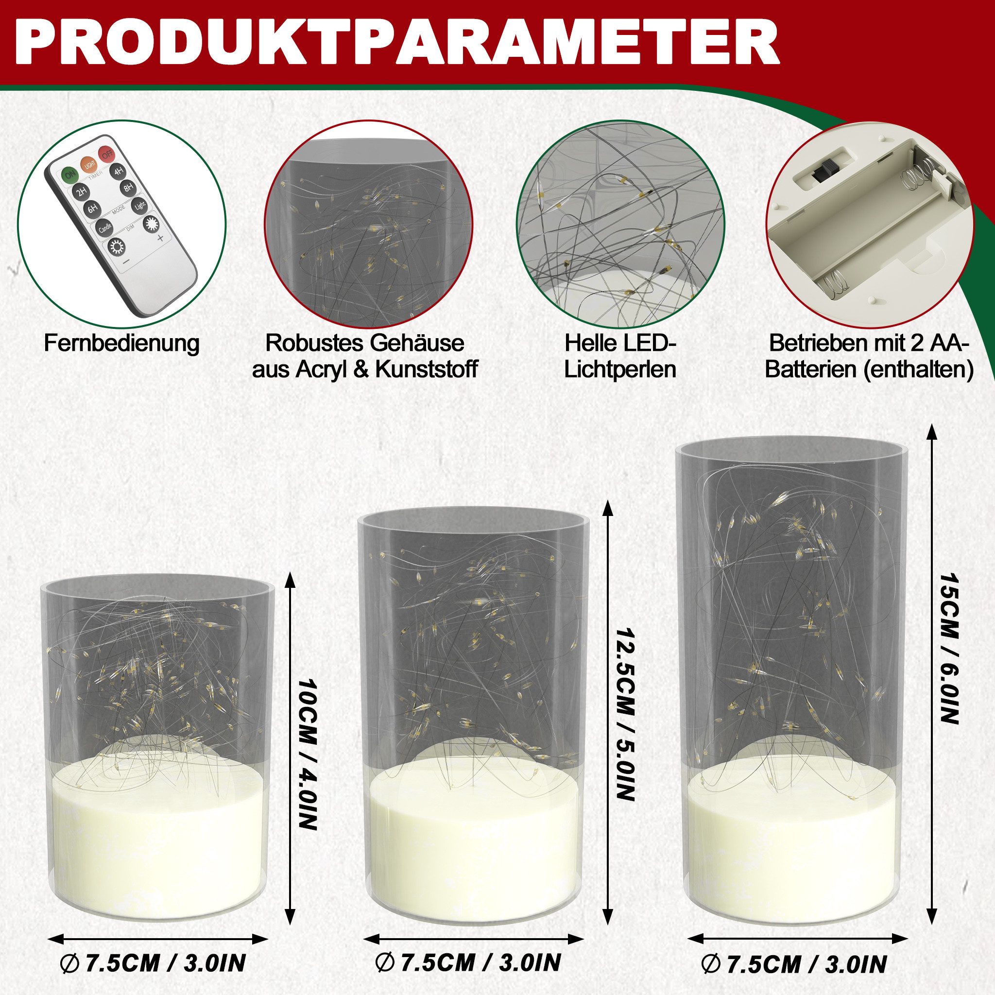 FIVMEN LED-Kerze 3 Stück LED Kerzen Flackernde mit Eingelassener Lichterkette