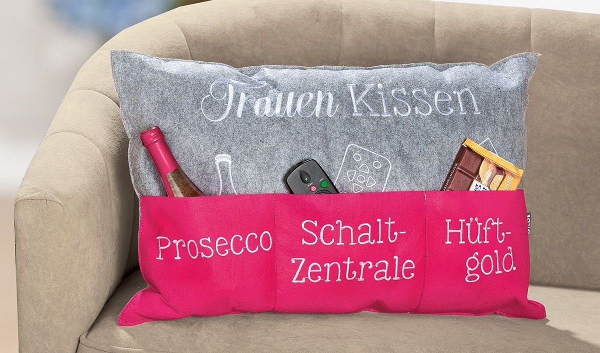 "Schaltz / mit hellgrau/pink Taschen, GILDE Dekoobjekt Frauenkissen bestickt "Prosecco"