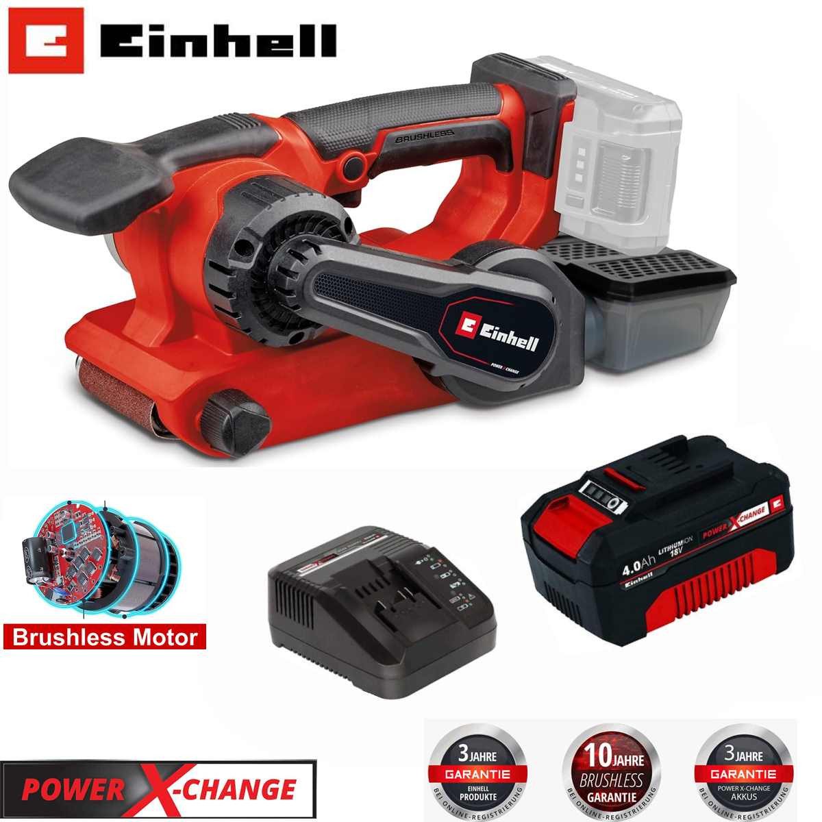 Einhell Akku-Bandschleifer Professional 18V Bandschleifer TP-BS 18/457 Li BL Akku 4.0 Ah +3x P80
