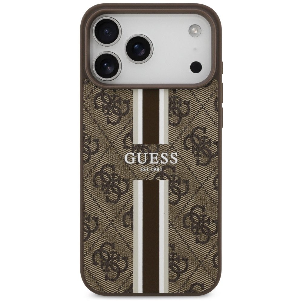 Guess Handyhülle Case iPhone 17 Pro Max MagSafe Kunstleder braun Logo Streifen 6,9 Zoll, Kantenschutz