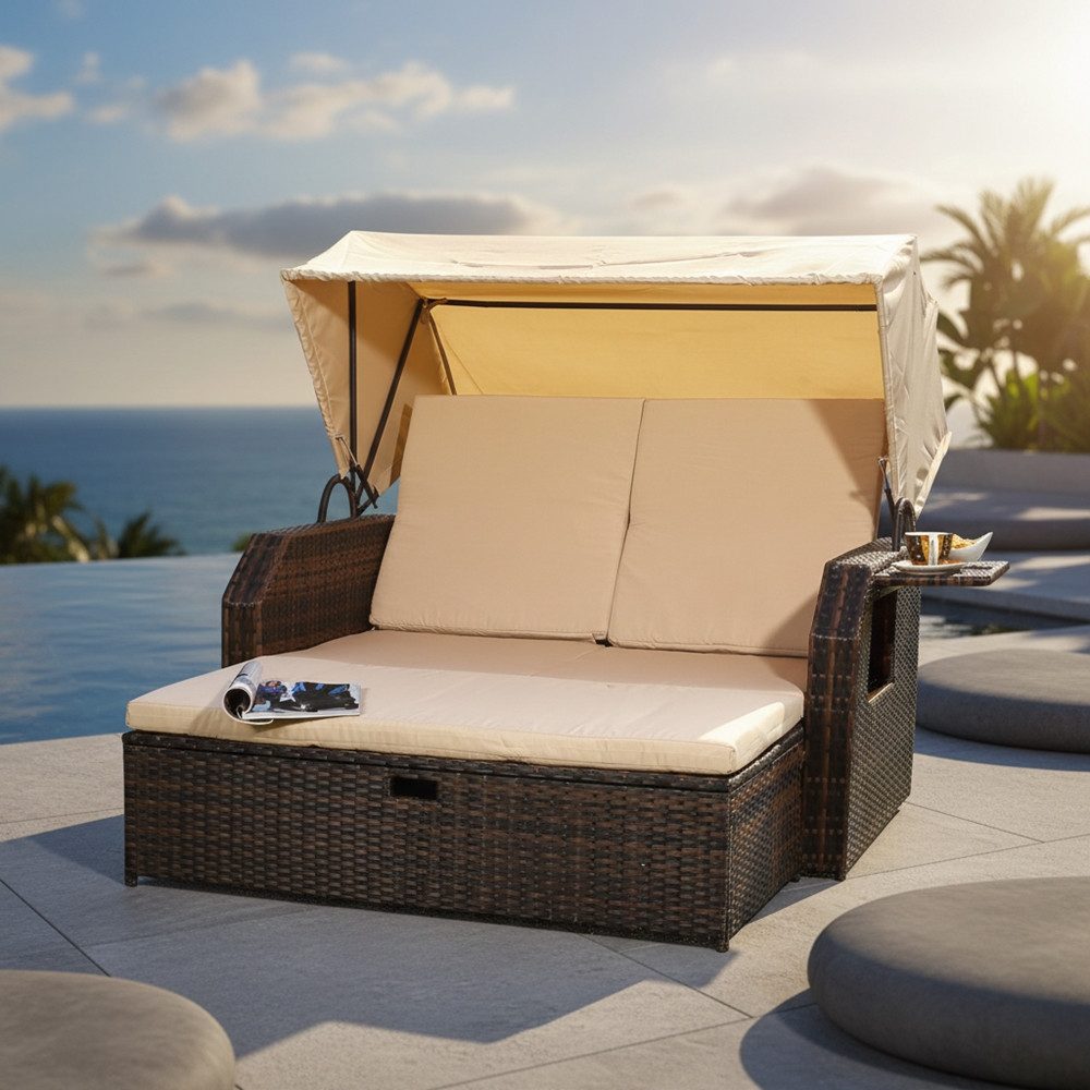 Melko Strandkorb Rattan Strandkorb Sonnenbett Dach Sonnenliege Relaxliege Gartenmöbel, BxTxH: 145x143x130 cm, (Gartenliege mit Hocker)