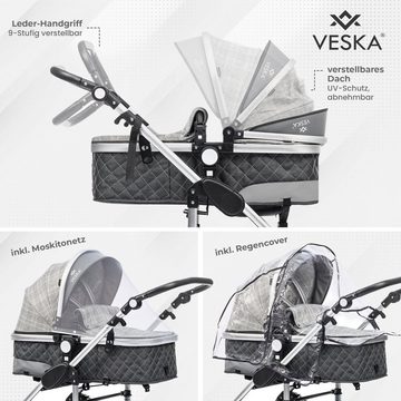 VESKA Kombi-Kinderwagen 3in1 inkl. Babyschale, Buggy, Jogger, mit Wickeltasche, Ess&Spieltisch, Moskitonetz, Regencover, Autoschale Fußsack, Aluminiumrahmen