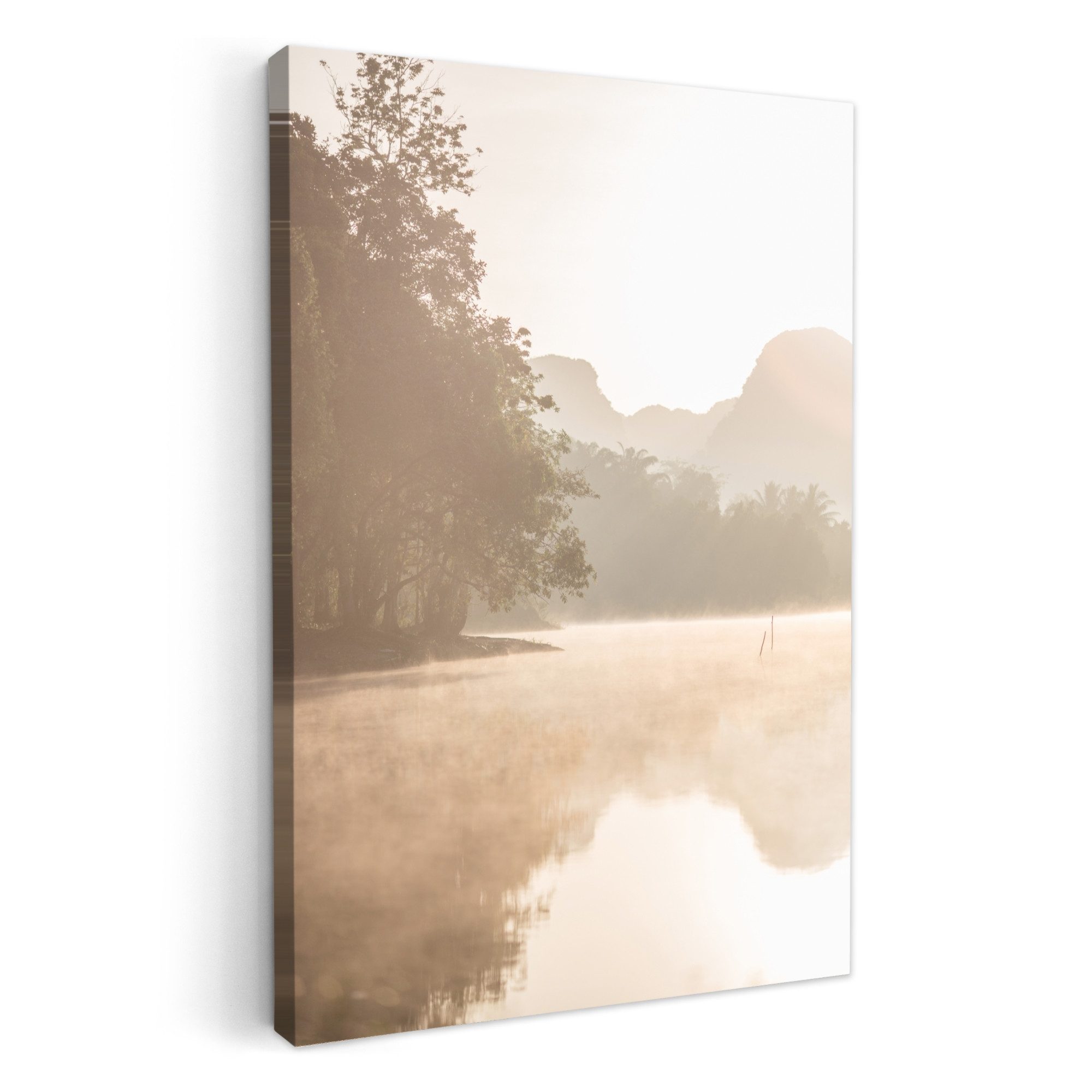 OneMillionCanvasses® Leinwandbild Landschaft - Wald - Wasser - Nebel - Beige, Fotodruck (1 St), Badezimmer Deko, Bilder WC, Toilette Wanddeko 20x30 cm