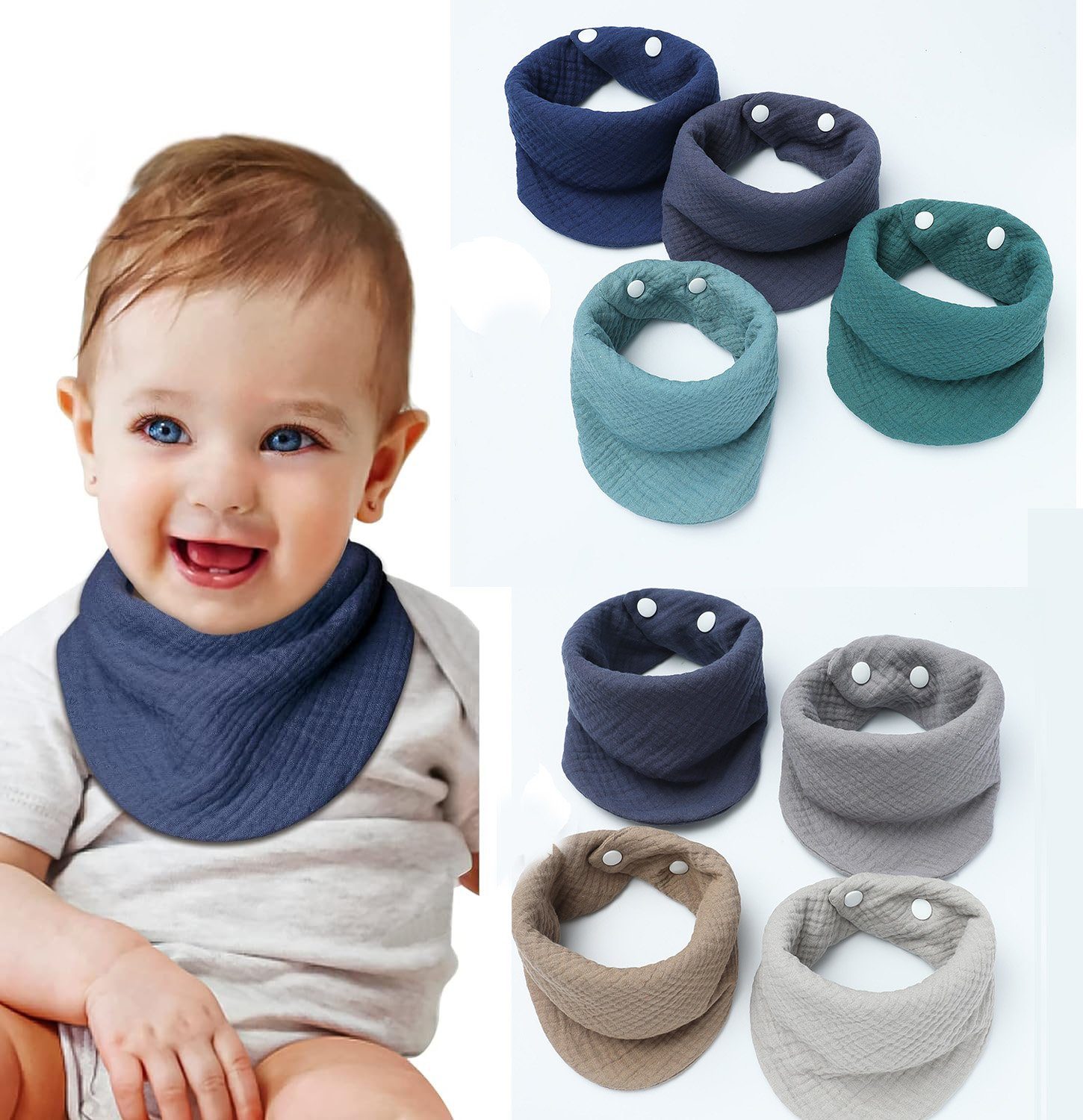 YUHRO Lätzchen 8 Baby-Lätzchen, verstellbare Druckknöpfe, hohe Saugfähigkeit., Weiche Sabberlätzchen für Junge und Mädchen, Unisex, 8 Stück Blau | Lätzchen