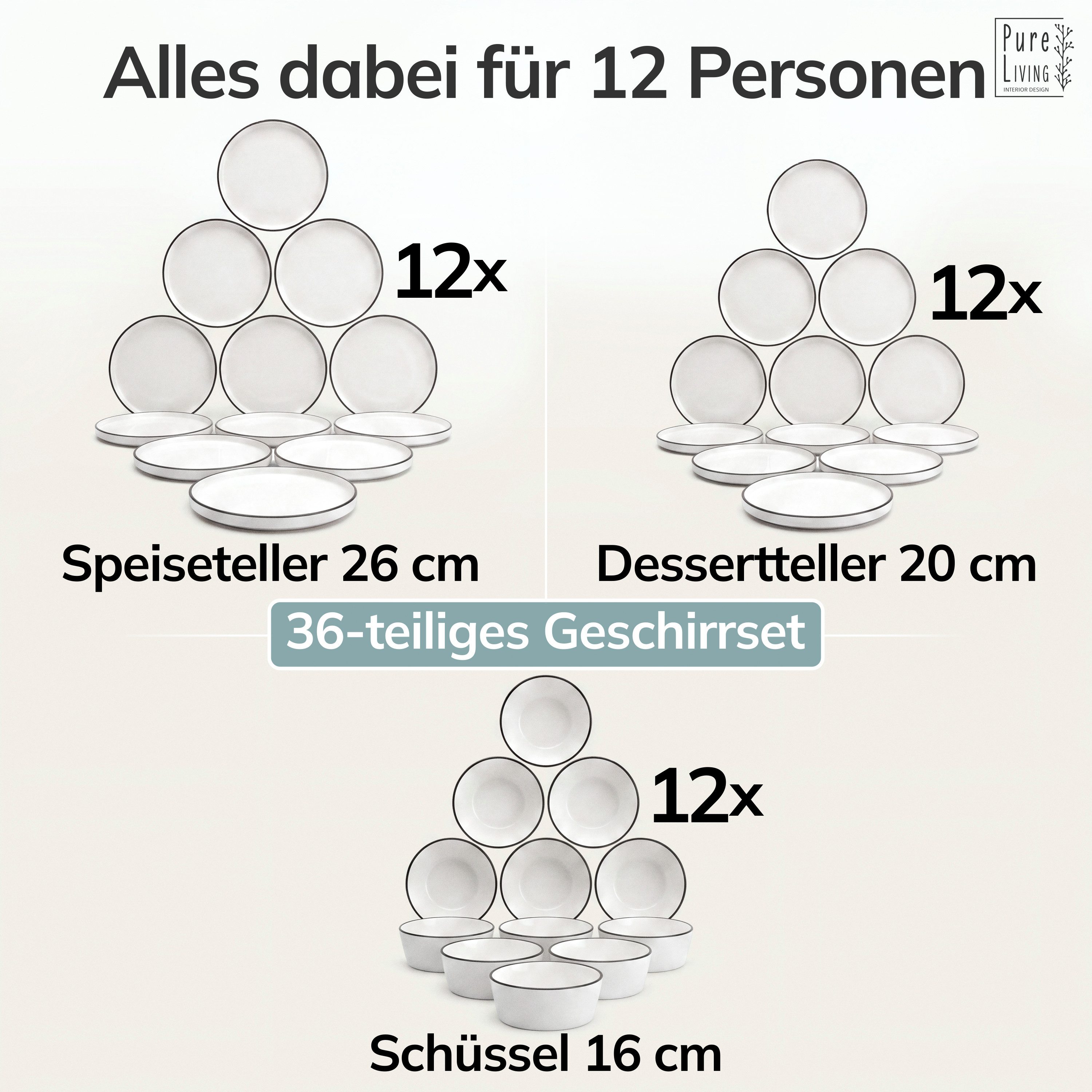 PURE LIVING INTERIOR DESIGN Geschirr-Set Scandi aus Porzellan, 36-tlg., für 12 Personen, Weiß - Schwarzer Rand (36-tlg), 12 Personen, Porzellan – Bild 5 von 5