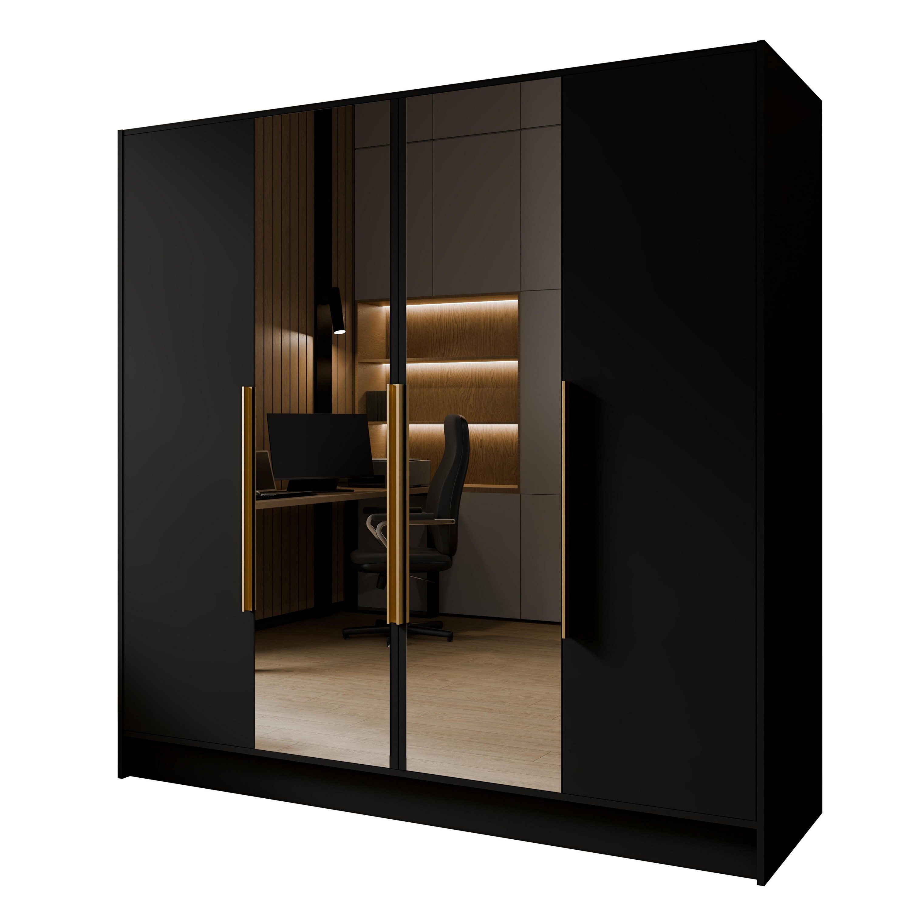 Masseno Drehtürenschrank RENVO 200 cm Kleiderschrank mit Spiegel 4 Türen Schwarz