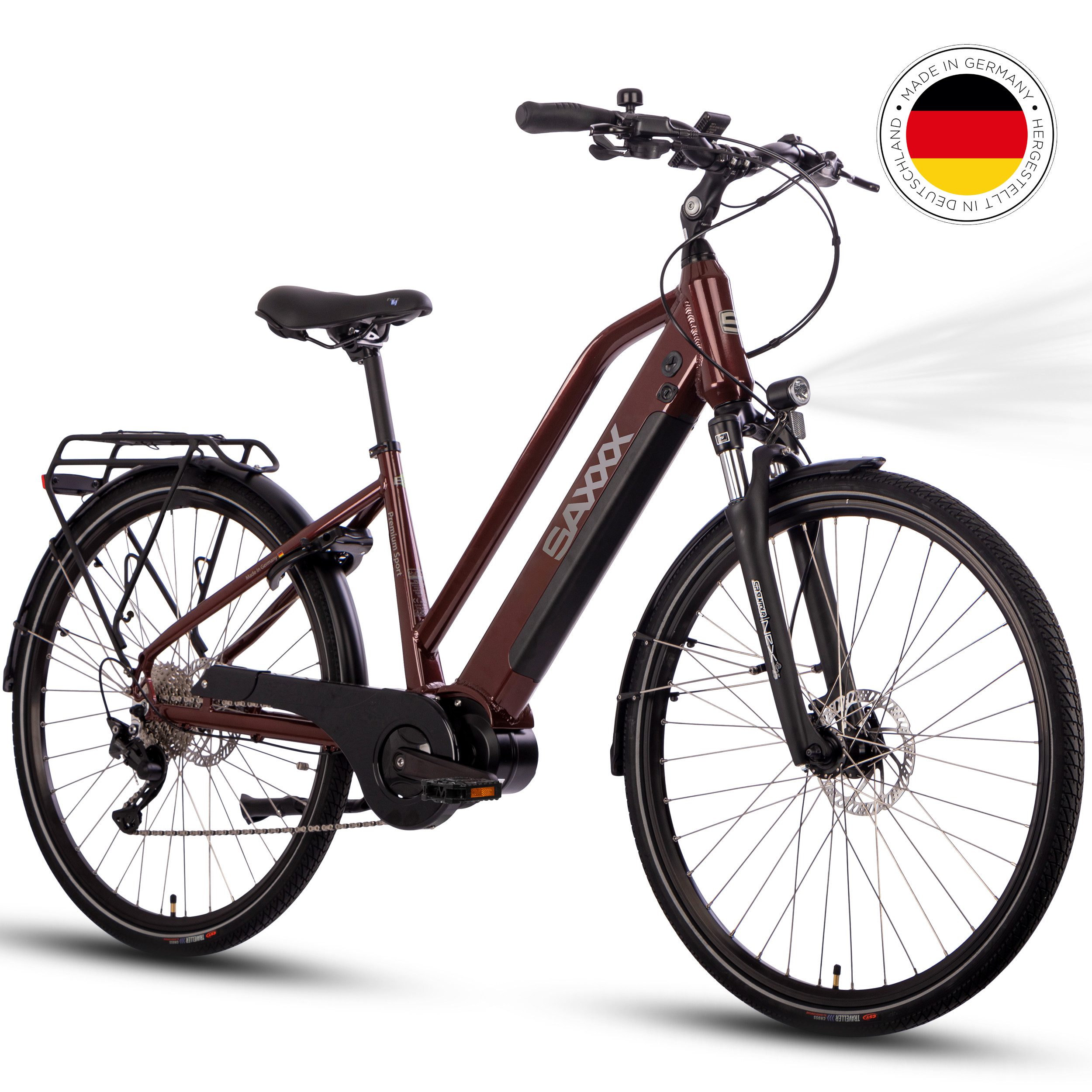 SAXXX E-Bike Trekkingrad 28 Zoll City-Pedelec mit starkem Antrieb, 10 Gang SHIMANO Deore Schaltwerk, Kettenschaltung, Mittelmotor, 522 Wh, (mit abnehmbarem Akku mit Schloss vormontiert zu 95), Mit Federgabel, Gepäckträger und Scheibenbremsen
