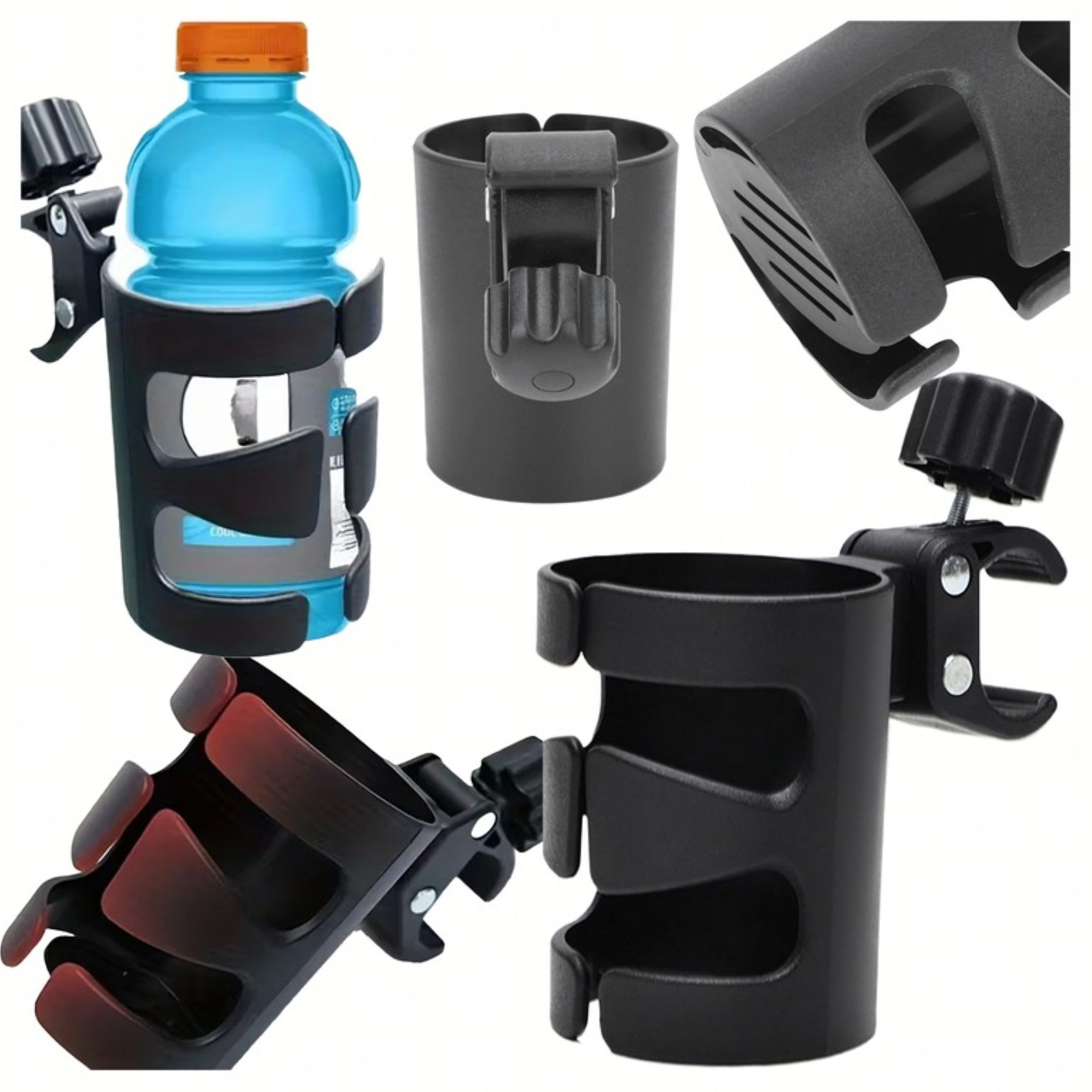 Realb2b Fahrrad-Flaschenhalter Fahrrad-Flaschenhalter Universal Getränkehalter Kinderwagen Schwarz, (Getränkehalter Set mit verstellbarem Drehgelenk für Rohrbefestigung, Universal Halterung für Trinkflaschen Becher und Kaffeebecher 1tlg), Werkzeuglose Montage und stabiler Halt an Lenker oder Kinderwagen