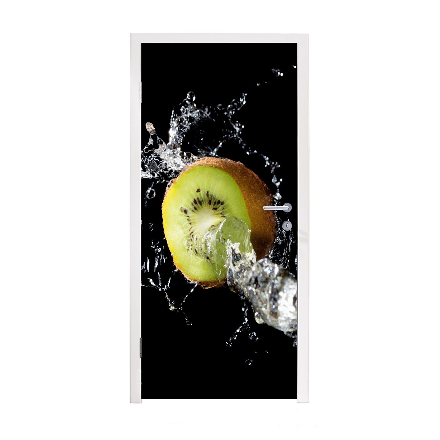 MuchoWow Türtapete Kiwi - Obst - Stillleben - Wasser - Schwarz, Matt, bedruckt, (1 St), Fototapete für Tür, Türaufkleber, 75x205 cm