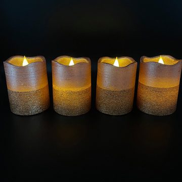 Online-Fuchs LED-Kerze 4er Set aus Echtwachs LED Kerzen mit Glitzer Effekt Farbe wählbar (Maße ca. 7,5 cm im Durchmesser und 10 cm hoch), zweigeteilte Optik, 6-Stunden-Timer, Flamme
