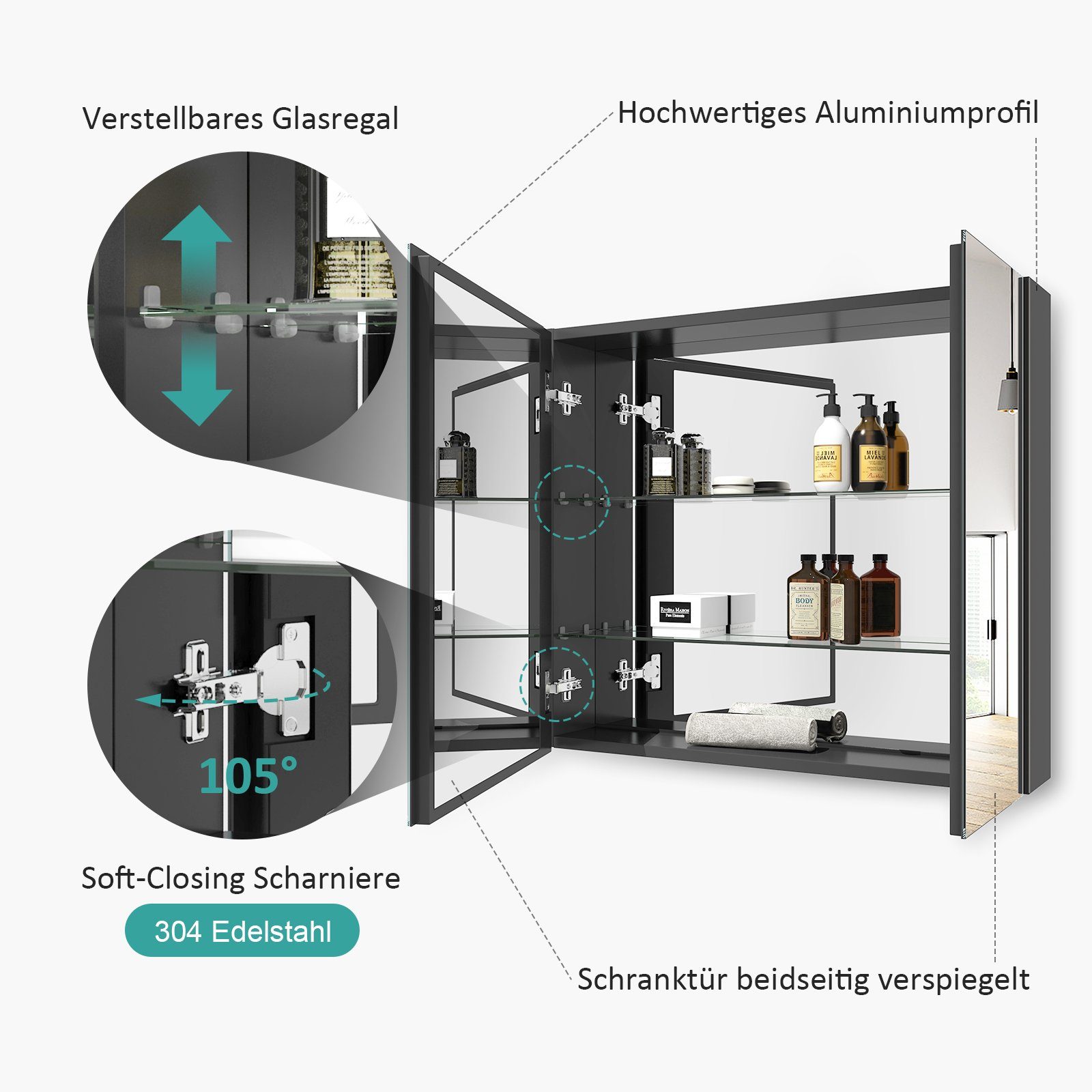 EMKE Spiegelschrank bad 75×65 /85×65cm 2-türig Badspiegelschrank Verstellbare Glasregale mit Stauraum und verstellbaren Regalen Badezimmerspiegelschrank