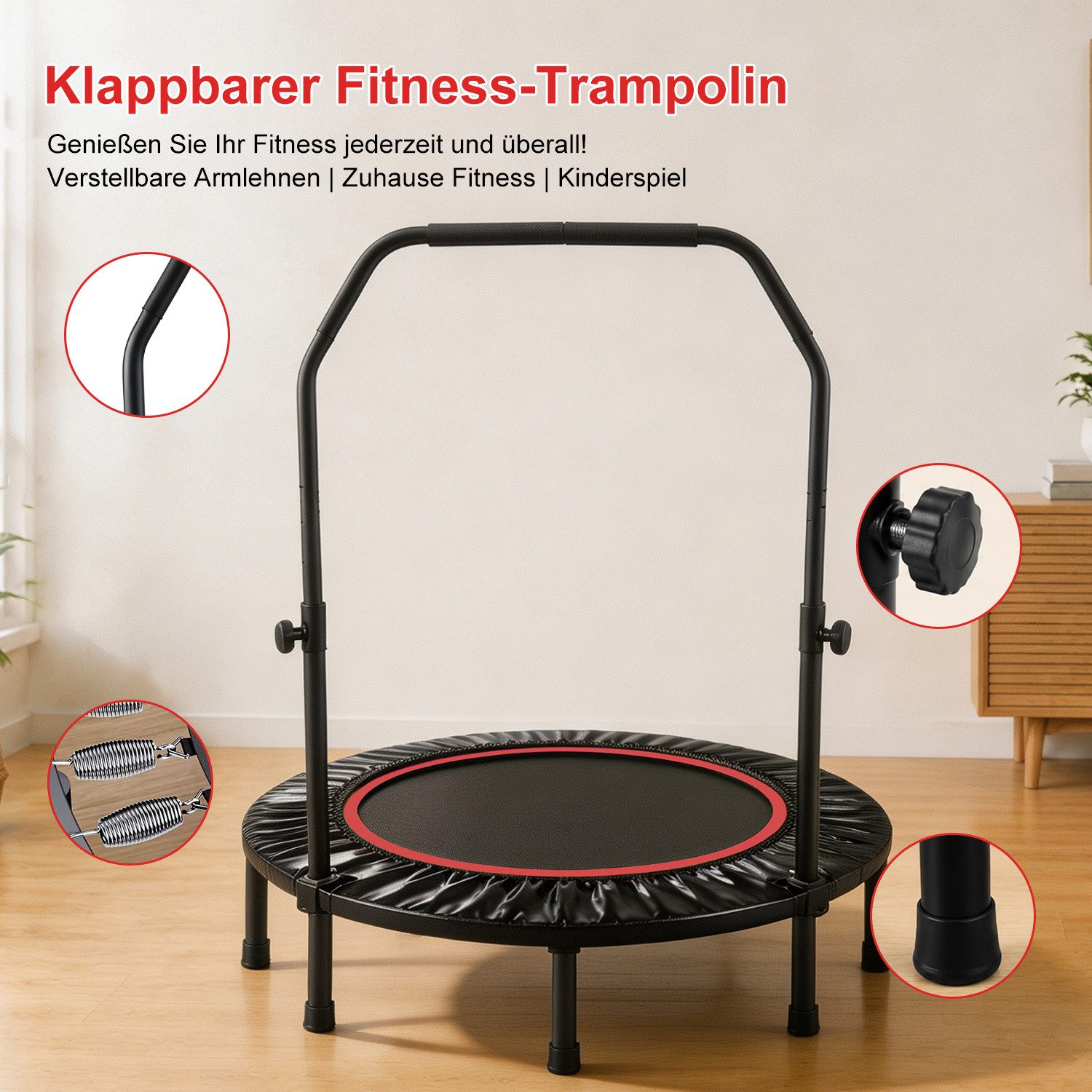 FOXSPORT Fitnesstrampolin Faltbar mit 3-stufig Höhenverstellbarer Haltestange, Ø 120 cm, Inclusief Beschermrand & Anti-Slip Grijpstang, Max. 100 kg