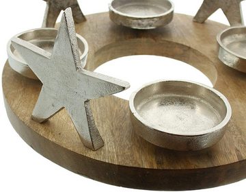 Dekoleidenschaft Adventskranz "Silbersterne" aus Mangoholz & Aluminum, Tischkranz, Ø 30 cm, mit 4 Kerzenhaltern