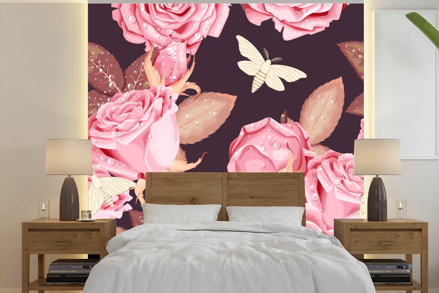 MuchoWow Fototapete Rosen - Blumen - Rosa, Matt, bedruckt, (5 St), Vinyl Tapete für Wohnzimmer oder Schlafzimmer, Wandtapete