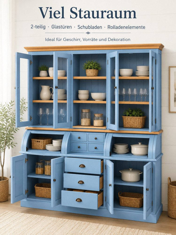 Wohnpalast Buffet Buffet Schrank Berlin 200 cm Blau mit Eiche- Landhaus Möbel