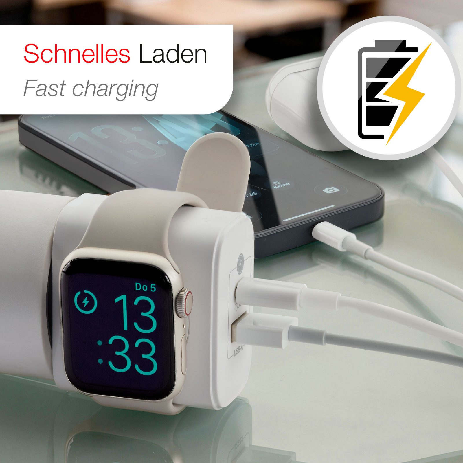 CAVO USB 3-in-1 Netzteil weiß USB-C (bis 20W) USB-A (bis 18W) USB-Ladegerät (Quick Charge QC 3.0 Wireless Charger 3W für Apple Watch) – Bild 3 von 5