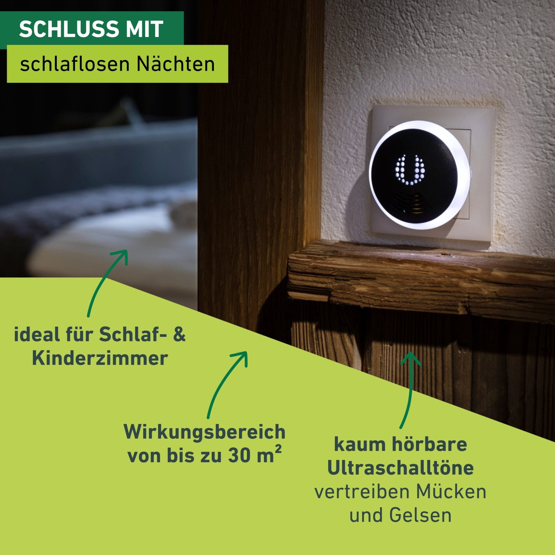 Windhager Insektenabwehrgerät Classic, Mückenabwehr und Nachtlicht, Vertreibung der Insekten durch Ultraschall, Mückenstecker, schwarz